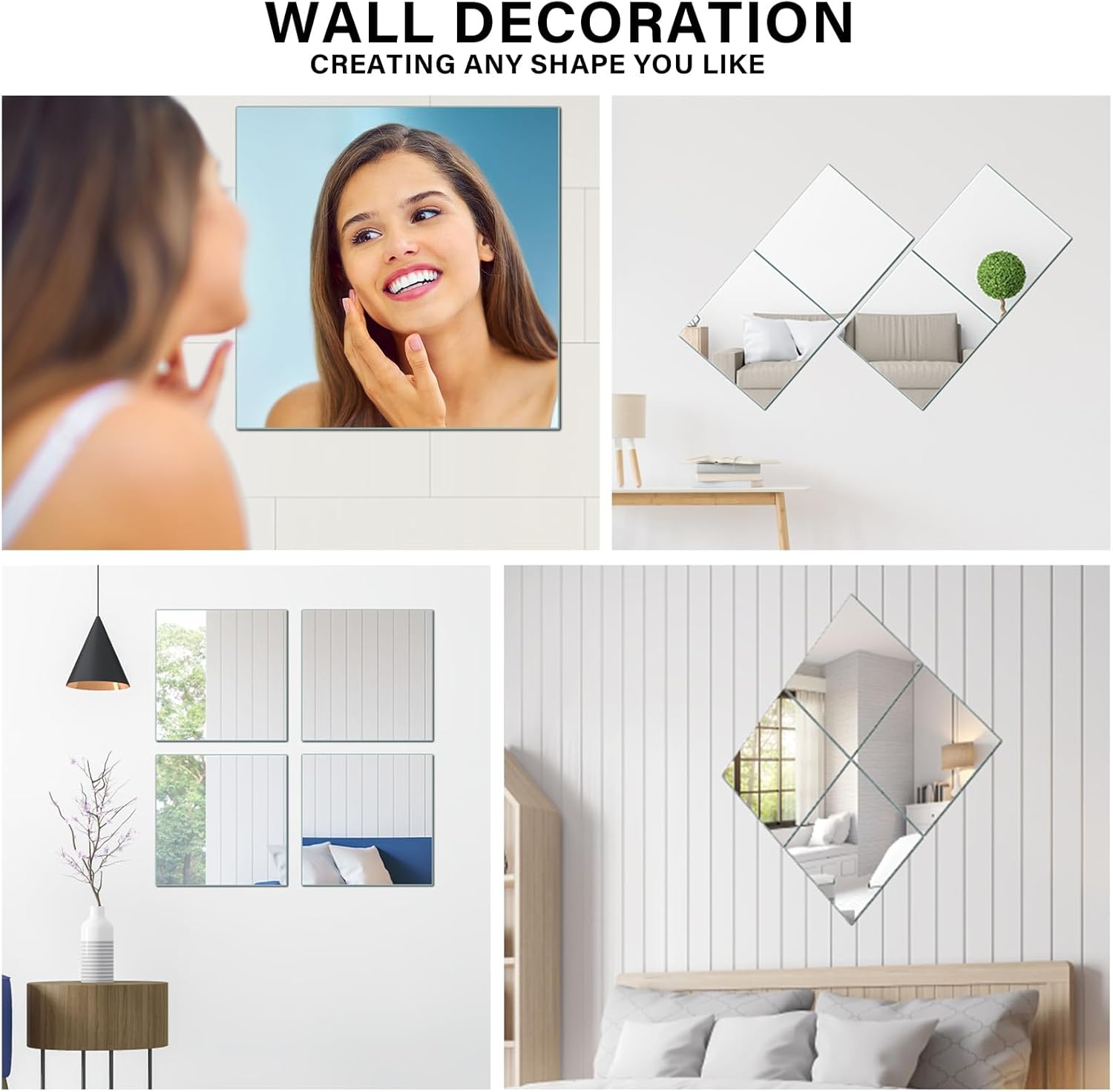 Espejo de pared de vidrio de longitud completa de 14 x 12 pulgadas, 4 piezas, espejo de pared sin marco, azulejos de espejo adhesivos para