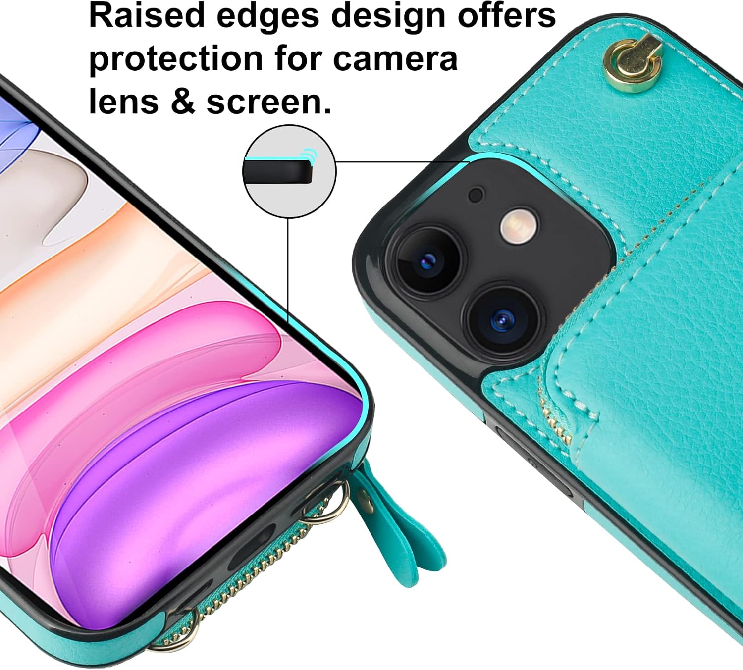 Bocasal Funda tipo cartera cruzada para iPhone 11, funda de piel con bloqueo RFID y soporte para tarjetas, funda protectora con cremallera y correa
