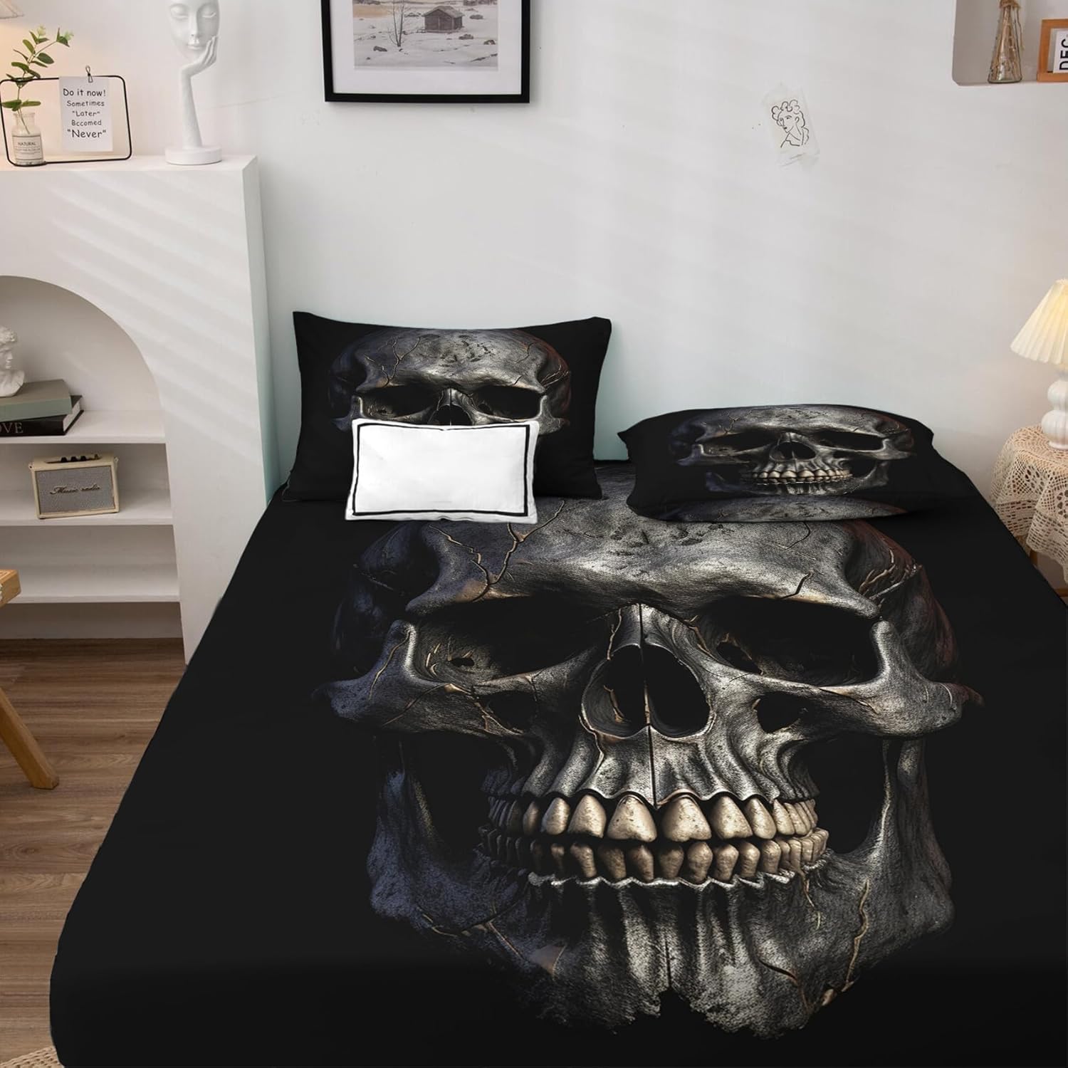 Sábanas de calavera tamaño Queen, sábanas y fundas de almohada con patrón de esqueleto gótico, bolsillo profundo de 16 pulgadas, juego de sábanas