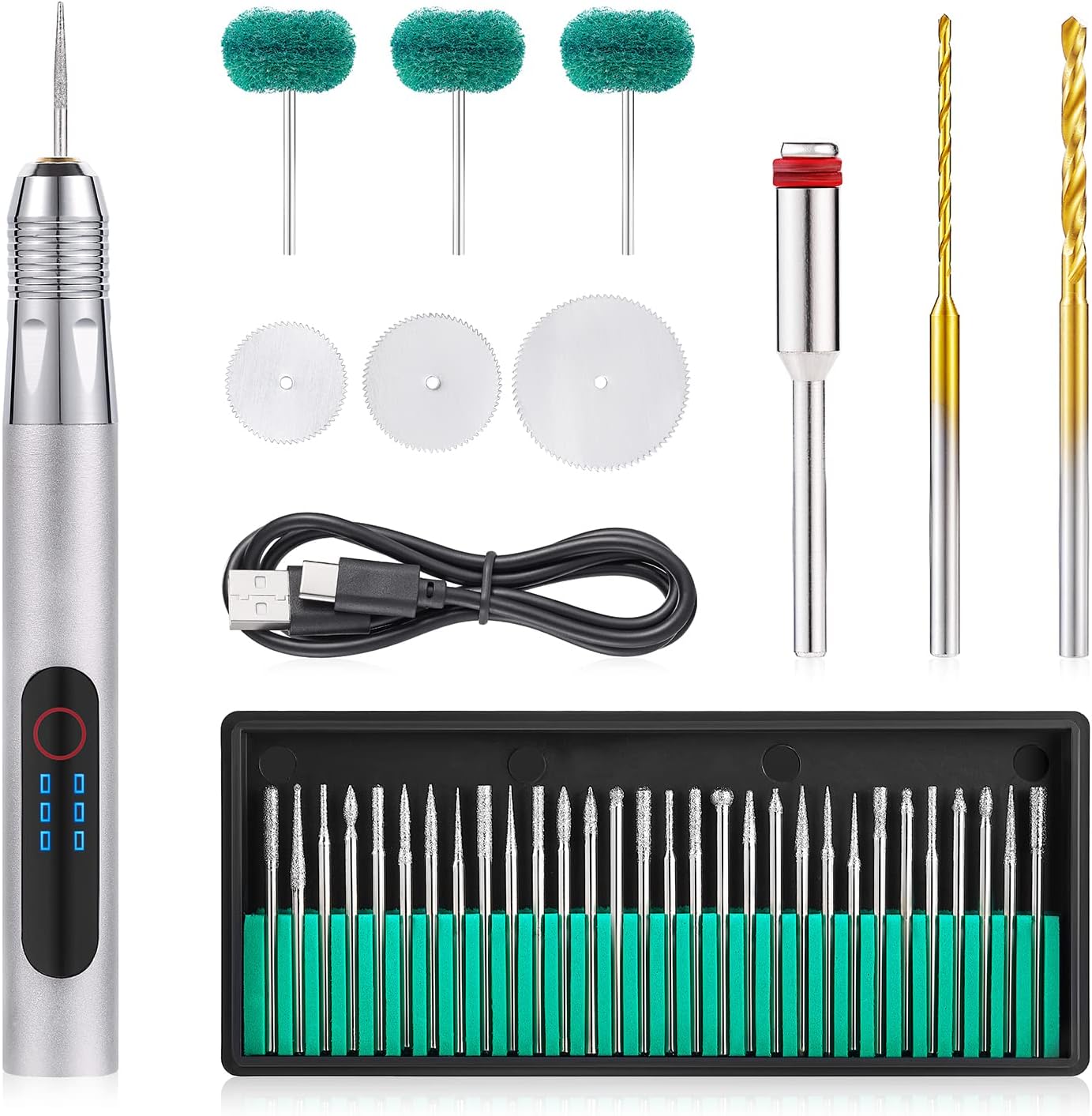 Bolígrafo de grabado inalámbrico, recargable USB tipo C, herramientas rotativas con 34 brocas y rueda de pulido para vidrio, metal, plástico, joyas,