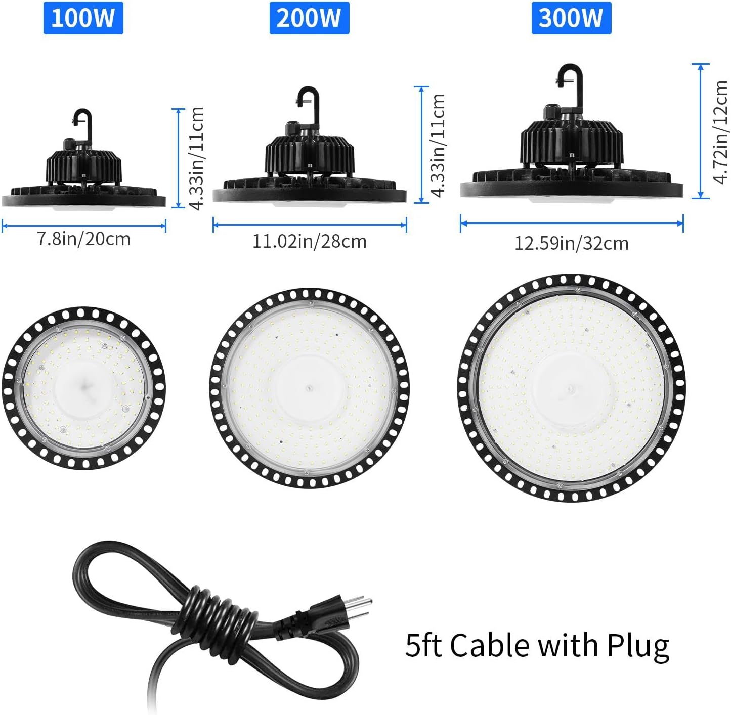 Lightasea 200 W LED de alta bahía luz 2 paquetes 28000LM regulable 5000K IP65 luz LED de alta bahía impermeable, cable de iluminación UFO de 5 pies