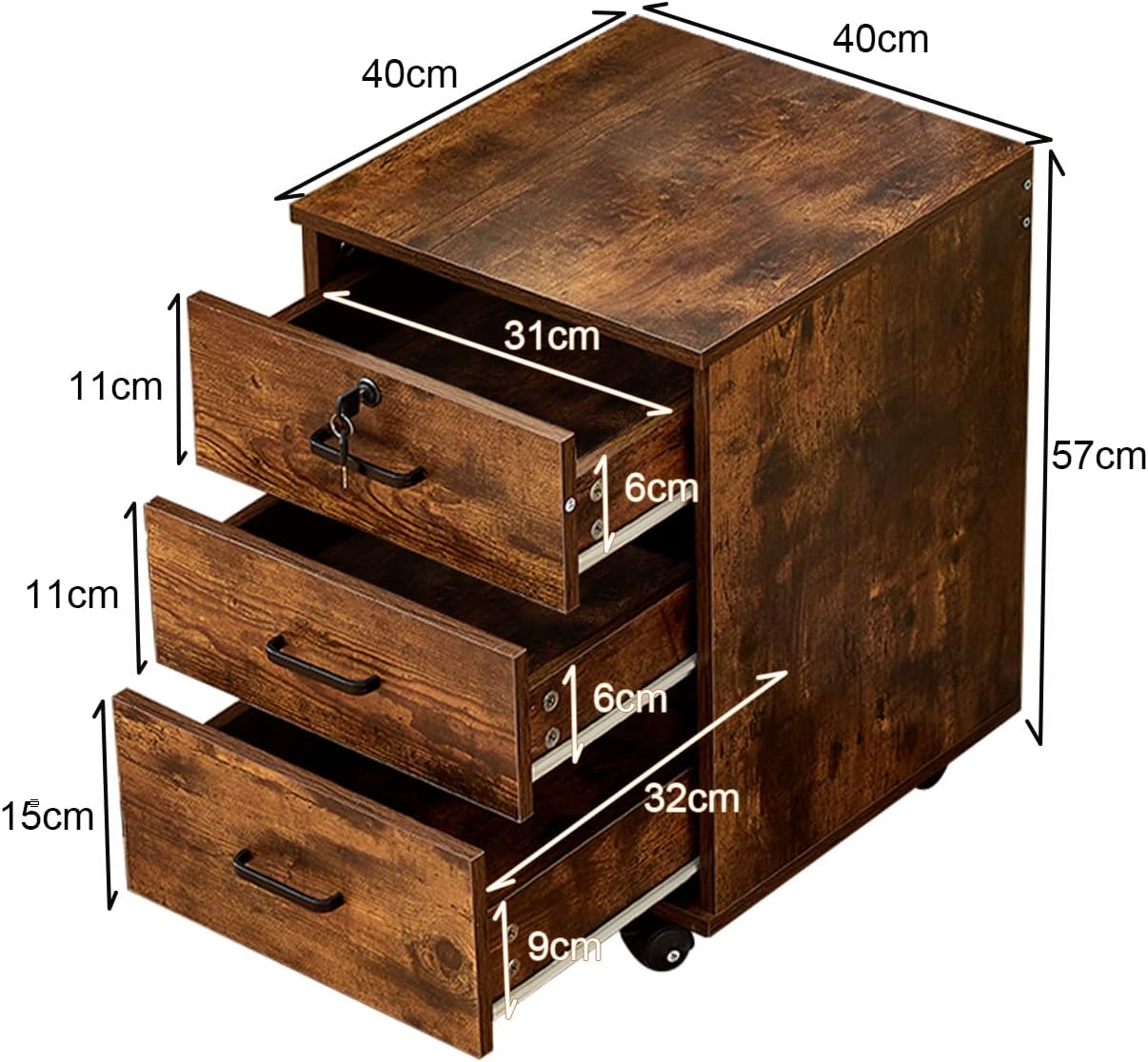 TUKAILAi Archivador móvil con 3 cajones, unidad de almacenamiento con cerradura, archivador de madera con ruedas, para documentos de tamaño