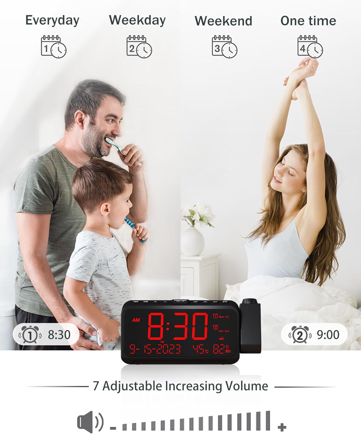 Reloj despertador de proyección para dormitorio, reloj digital con fecha y día de la semana para ancianos, temperatura y humedad, alarma dual con