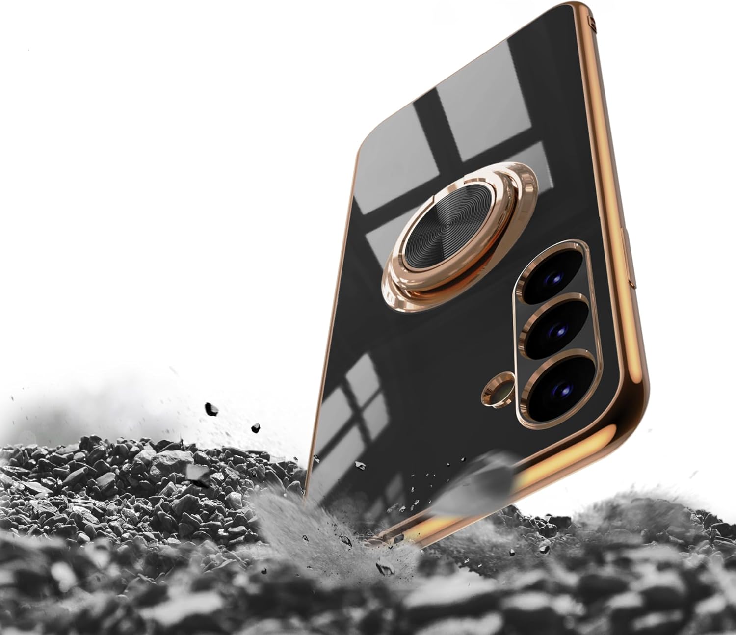 Funda para Galaxy S23 FE – Slim Fit Soporte de anillo giratorio Lujoso color dorado de metal Funda de silicona suave TPU protección a prueba de