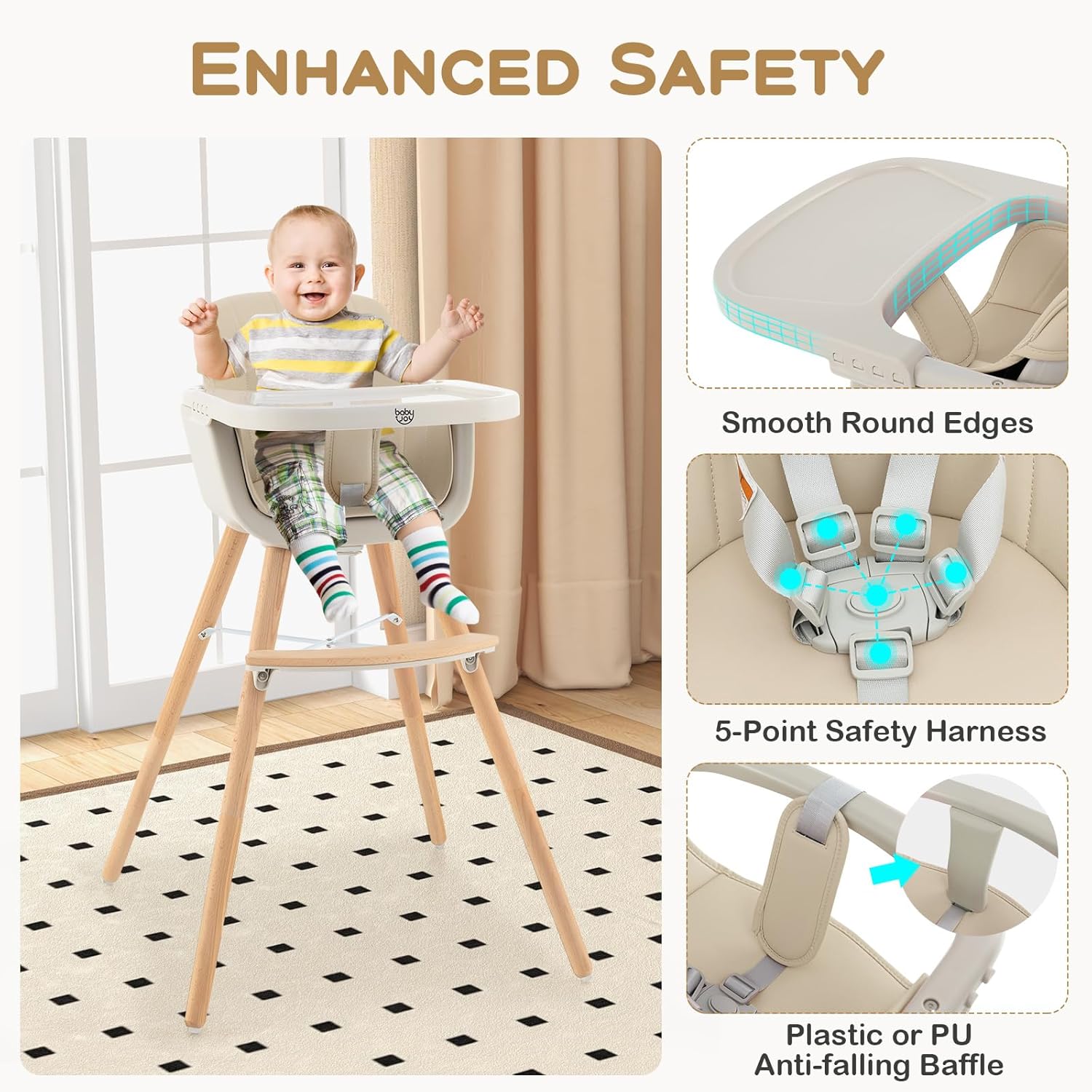 BABY JOY Silla alta convertible para bebé, silla alta de madera 3 en 1 con bandeja extraíble, patas ajustables, arnés de 5 puntos, cojín de