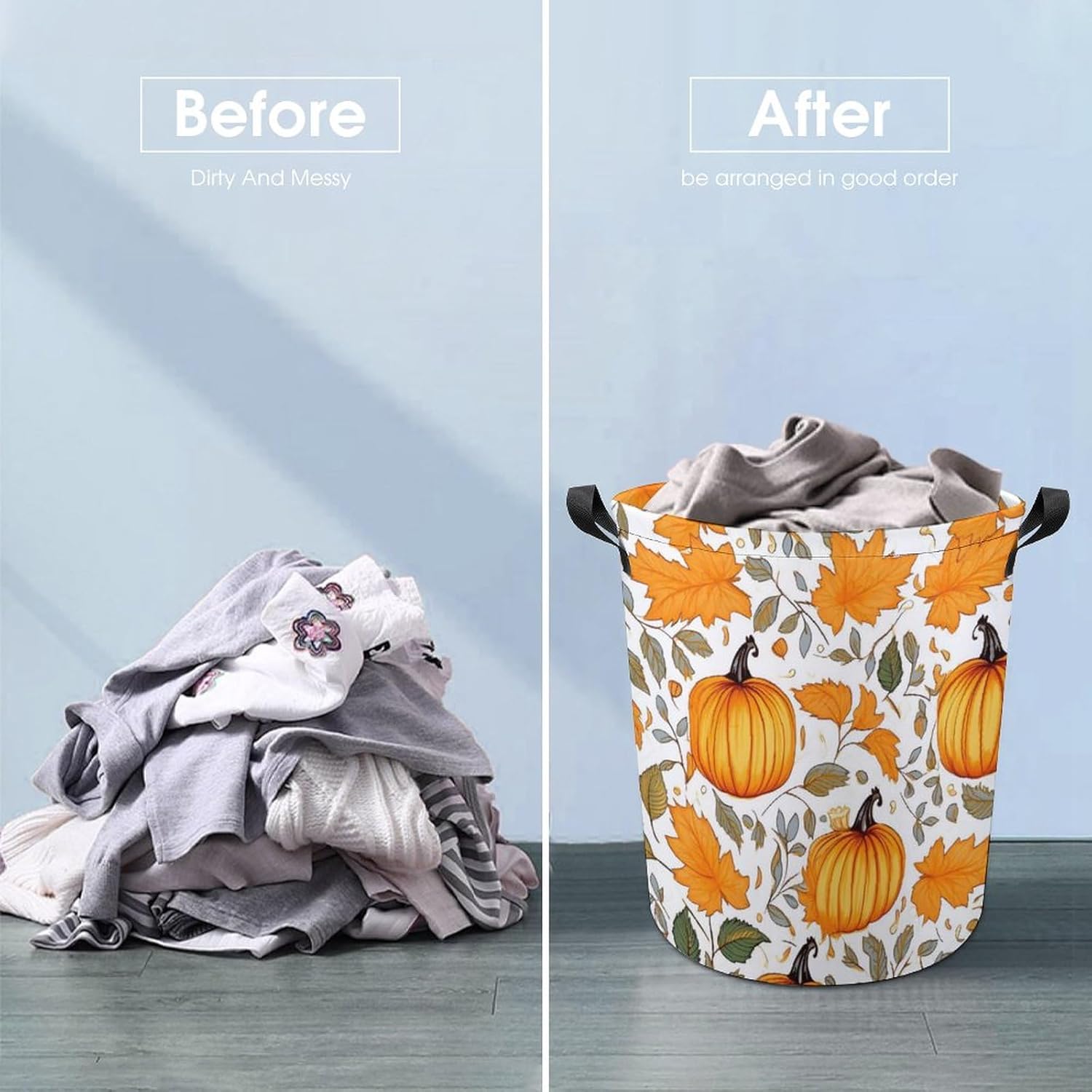 Autumn Pumpkin Storage Basket Fall Maple Leaves Waterproof Coating Organizer Bin Laundry Hamper for Clothes,Toys,Bedroom,Bathroom