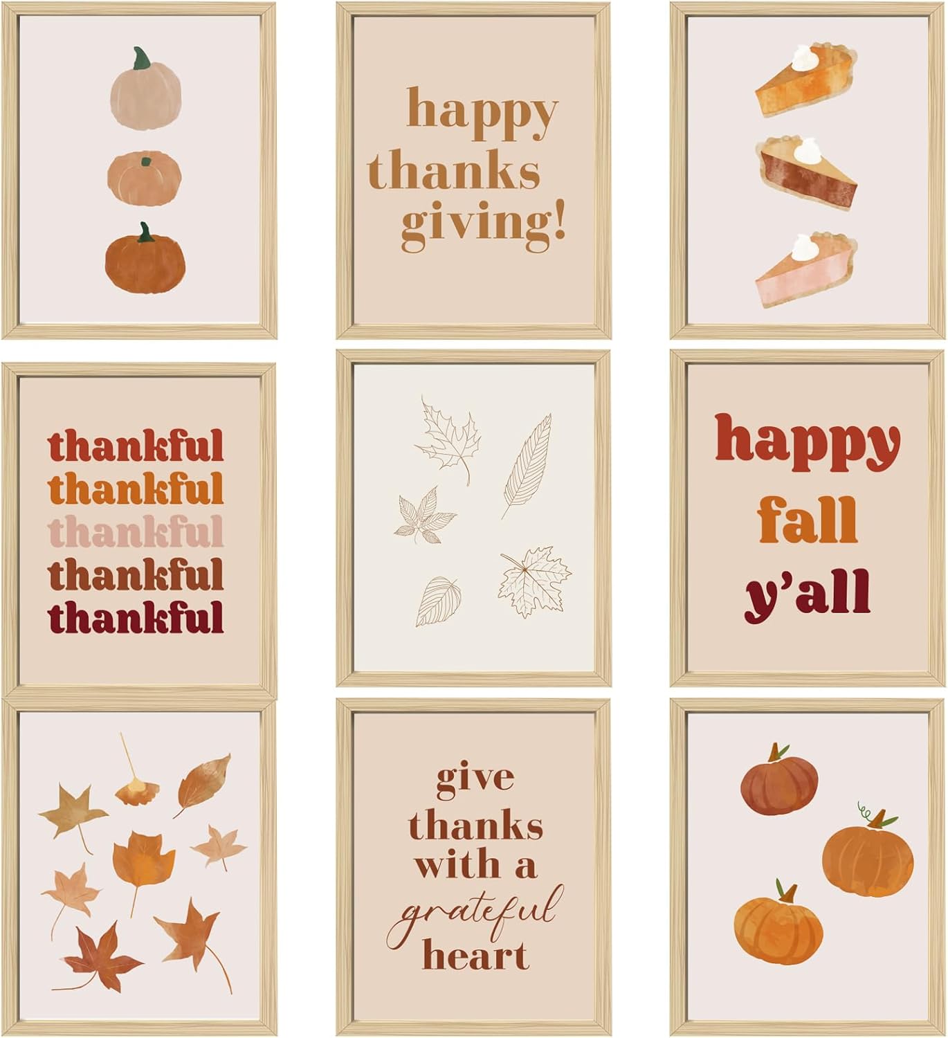 AnyDesign 9 piezas de arte de pared boho con temática de otoño, feliz otoño, Acción de Gracias, pósteres de arte en papel, pastel, calabaza, hojas