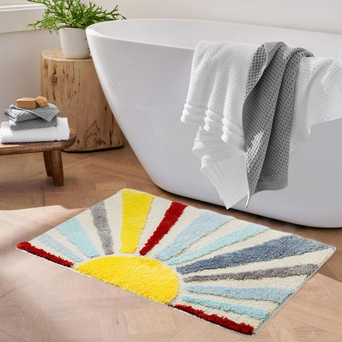 Urtlmaji Alfombra de baño retro para el sol, divertida, bonita, bohemia, antideslizante, de microfibra de felpa, para niños pequeños, minimalista,