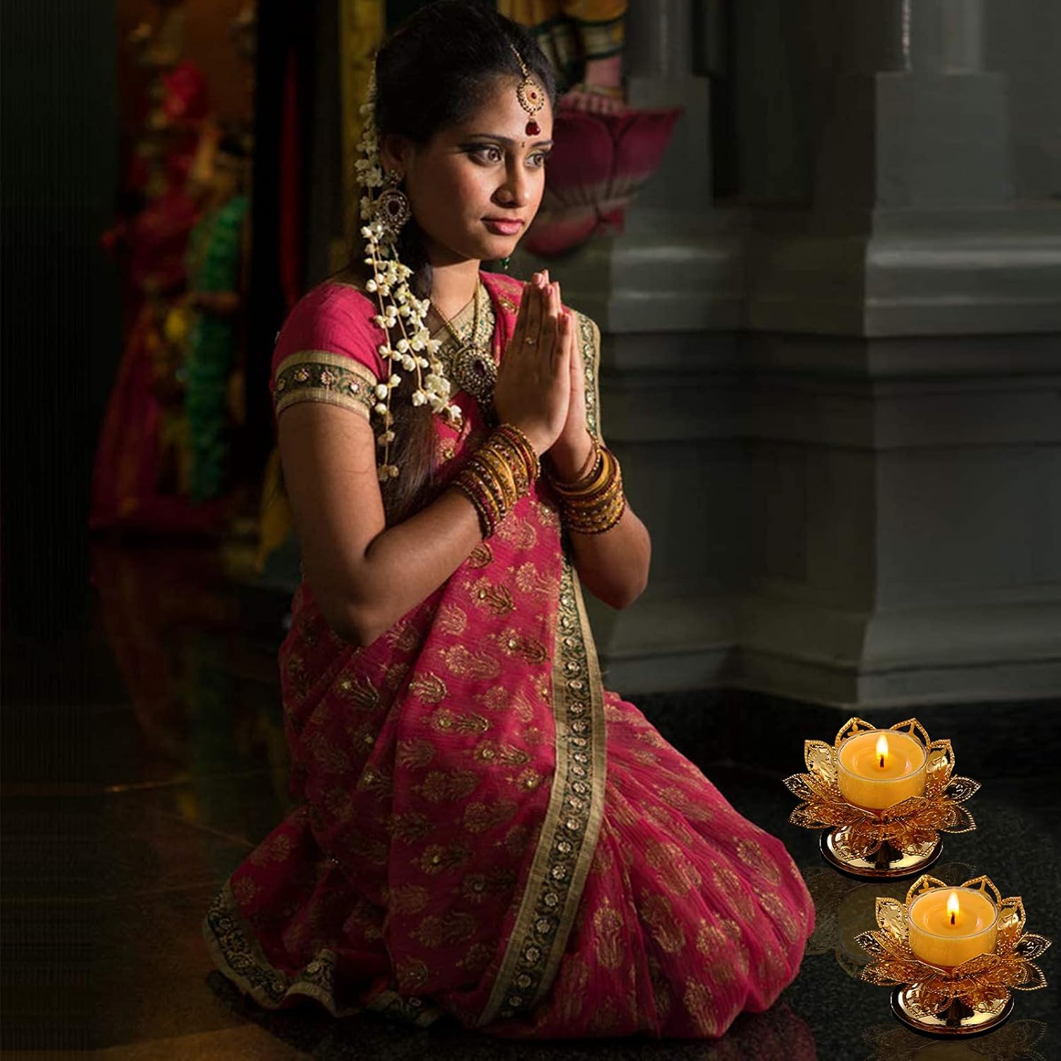 Diwali Diya Vilakku – Juego de 2 portavelas para Puja Pooja Ghee, portavelas de aceite indio de Puja Butterlamp Lotus Diya para Diwali Pooja Budista