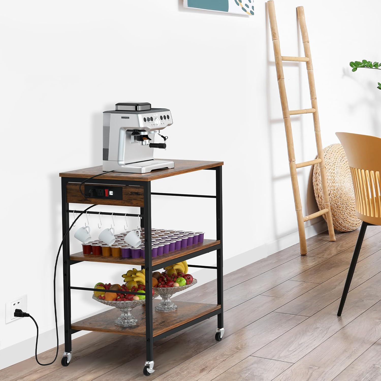 Estante para panaderos con toma de corriente para cocina, soporte para microondas, 3 niveles, mesa de café, estante de almacenamiento de cocina con