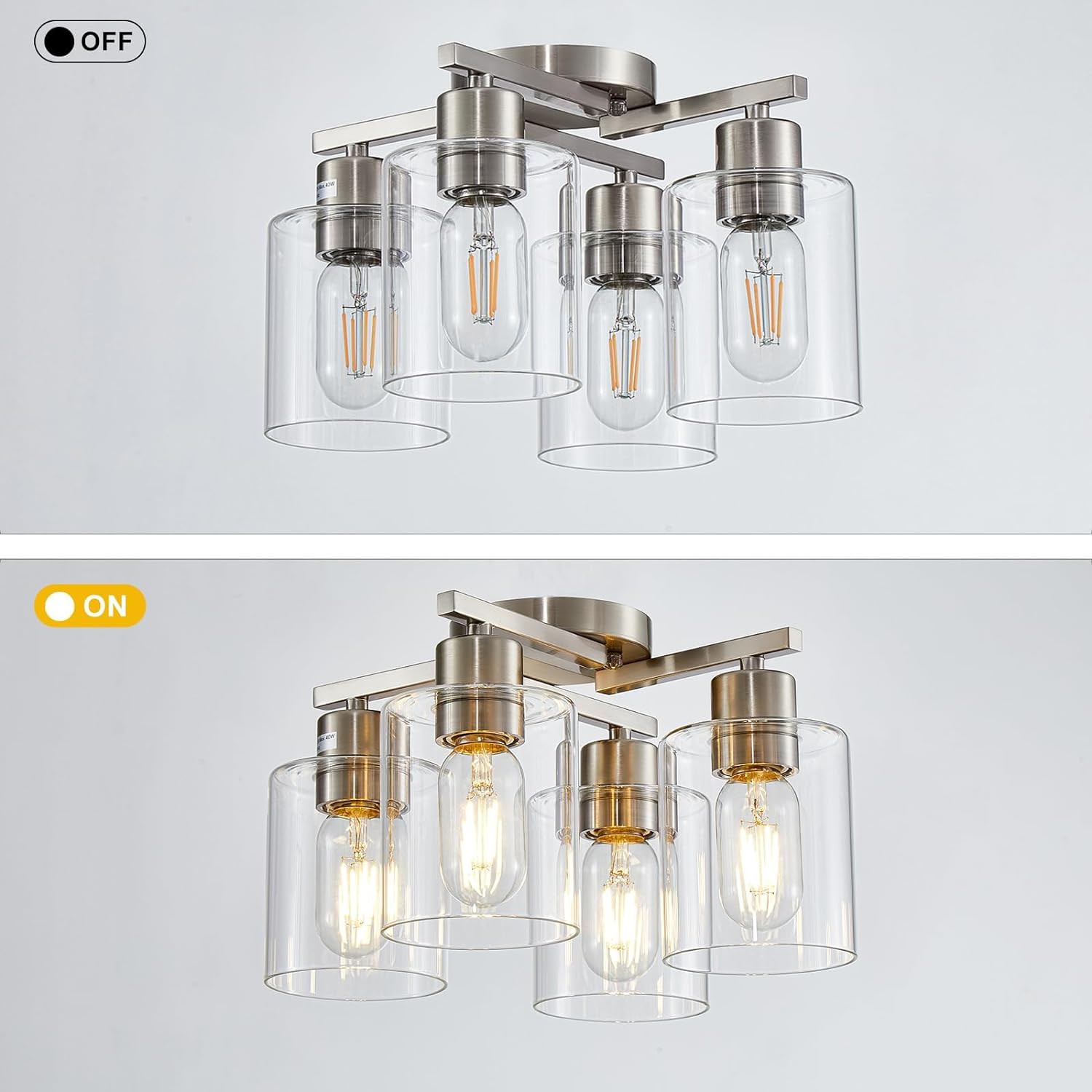 4 luces de techo semiempotradas, modernas lámparas de techo de níquel cepillado, accesorios de iluminación de techo con pantalla de vidrio