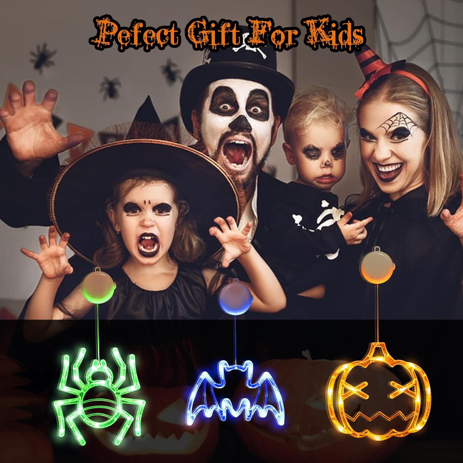 Luces de Halloween para ventana de Halloween, decoración de interiores de calabaza, araña y murciélago, decoración de pared al aire libre, funciona