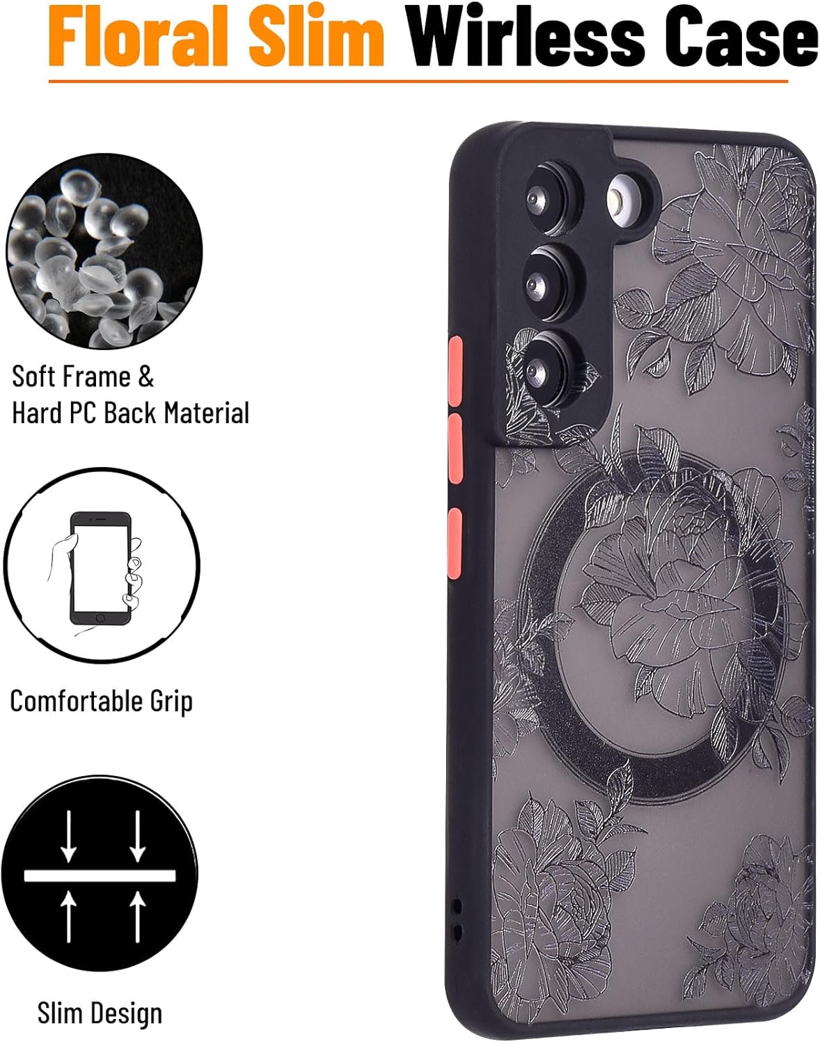 Funda magnética para Samsung Galaxy S21, ajuste delgado, diseño floral rosa, funda magnética para Samsung Galaxy S21, marco suave, botón sensible en