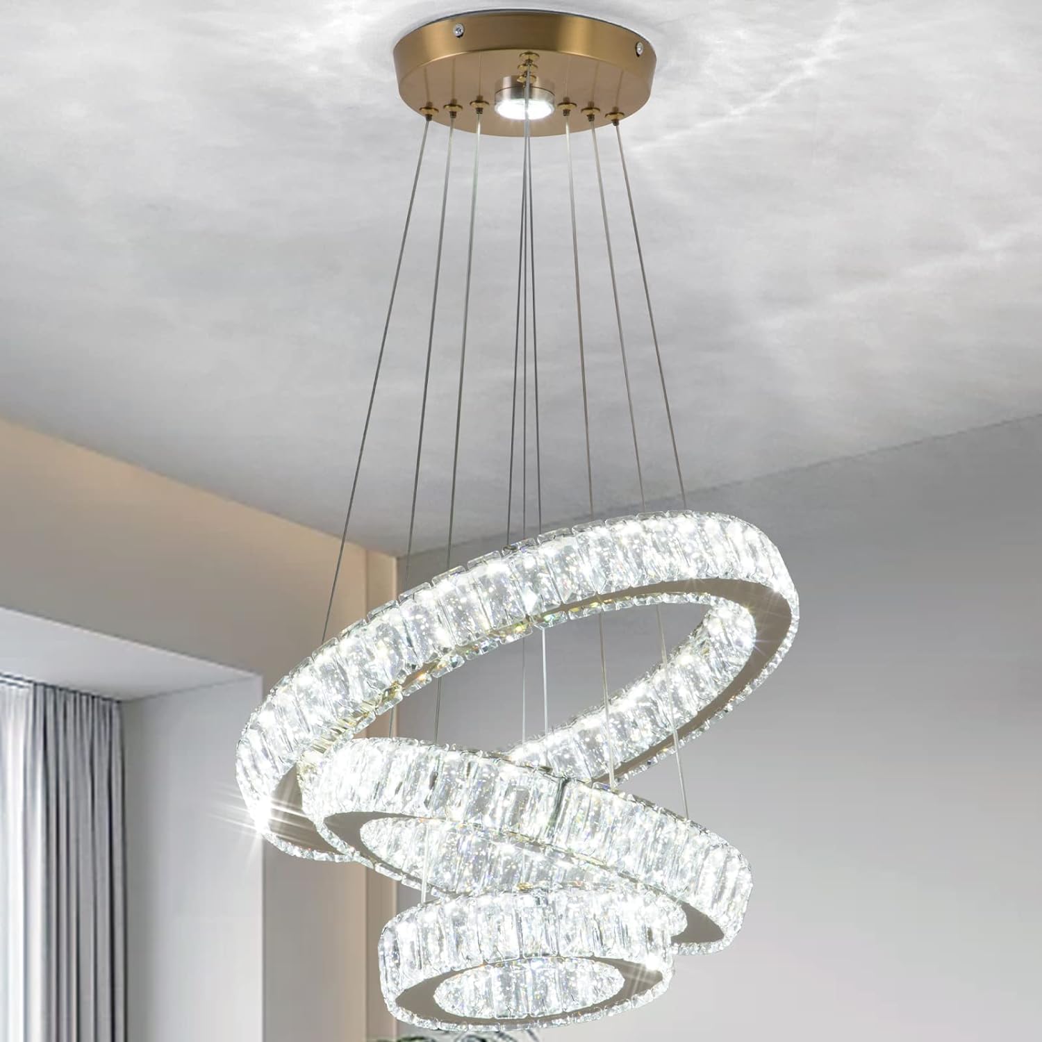 Candelabro moderno de 3 anillos de oro con lámpara colgante LED de cristal para comedor, dormitorio, sala de estar, vestíbulo (blanco frío)