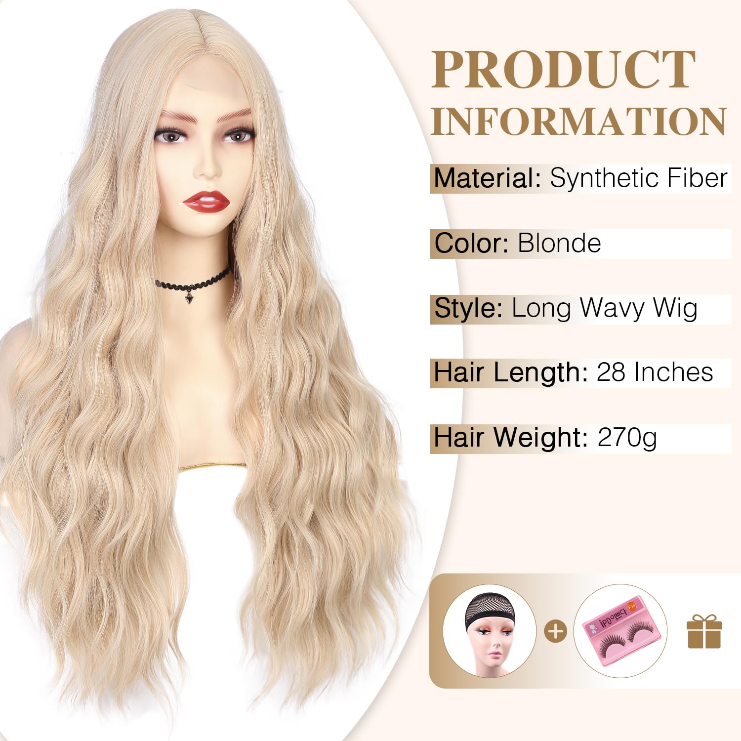 Hanne Fashion Peluca larga ondulada rubia para mujer, parte media, peluca rubia platino, pelucas sintéticas para uso en fiestas, cosplay (rubio)