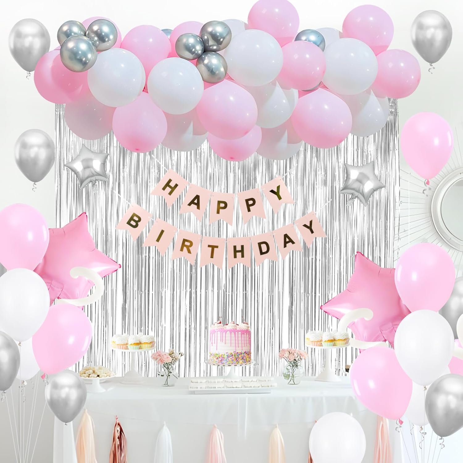 108 piezas de decoración de fiesta rosa, kit de arco de guirnalda de globos con pancarta de feliz cumpleaños, cortinas de flecos metálicos,