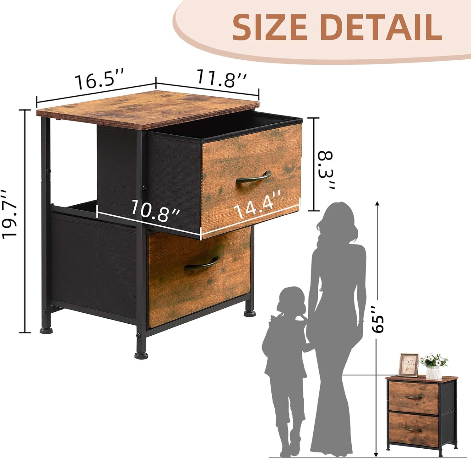 Somdot Juego de 2 mesitas de noche, cómoda pequeña para dormitorio con 2 cajones, mesa auxiliar de noche con contenedores de tela para dormitorio,