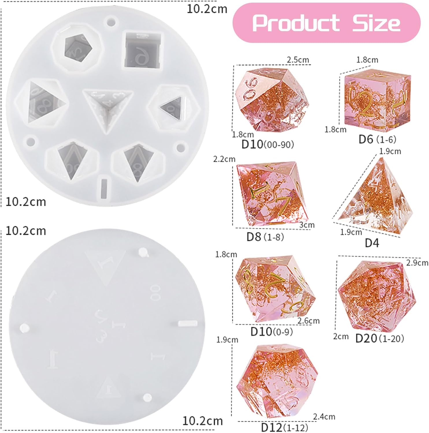 Moldes de dados para dados de resina epoxi, molde de resina de dados DND integrado con 7 cavidades de dados poliédricos estándar de borde afilado,