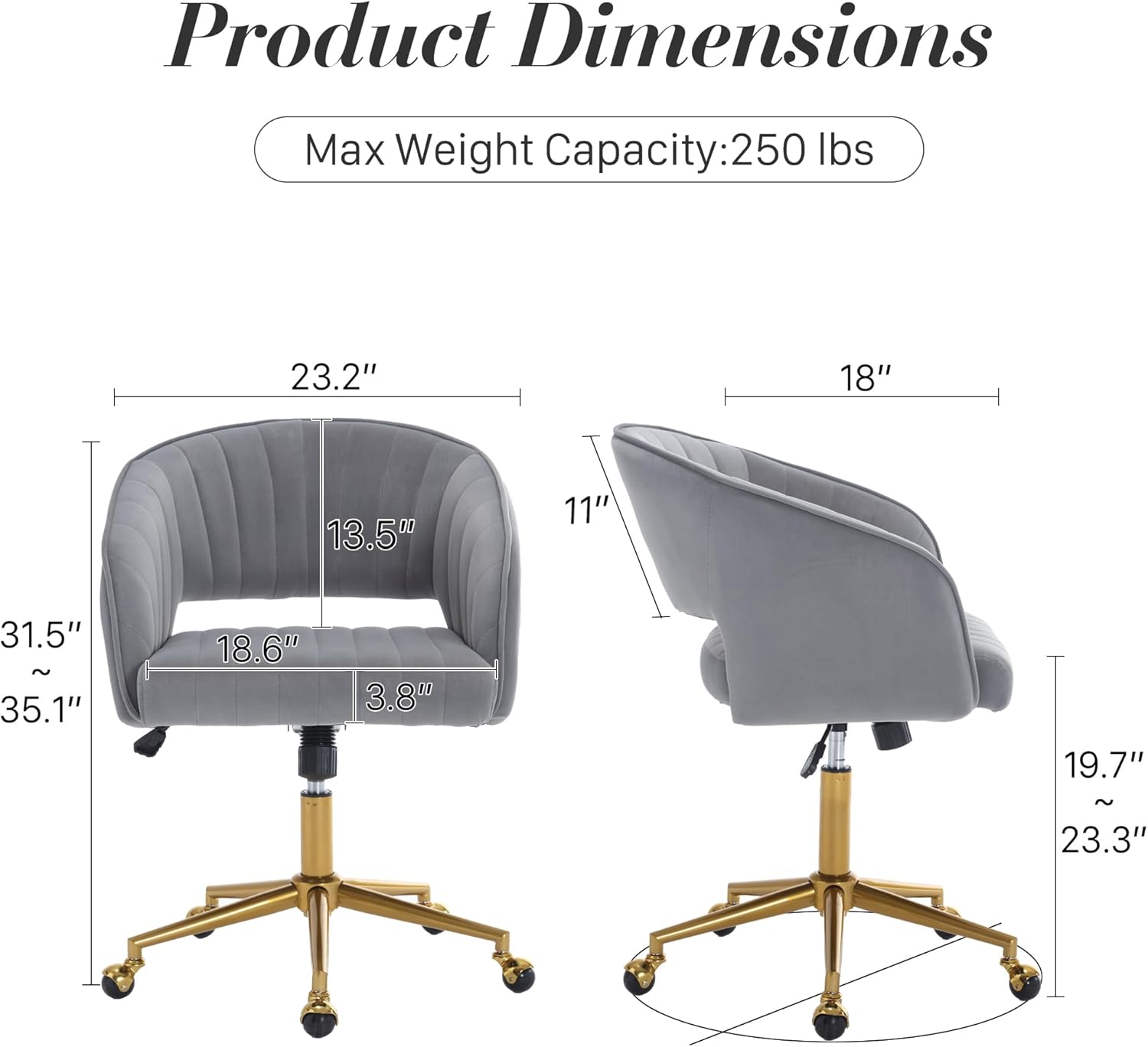 Homedraft Silla de escritorio giratoria para oficina en casa, moderna silla de escritorio de terciopelo, sillón de altura ajustable con base dorada,