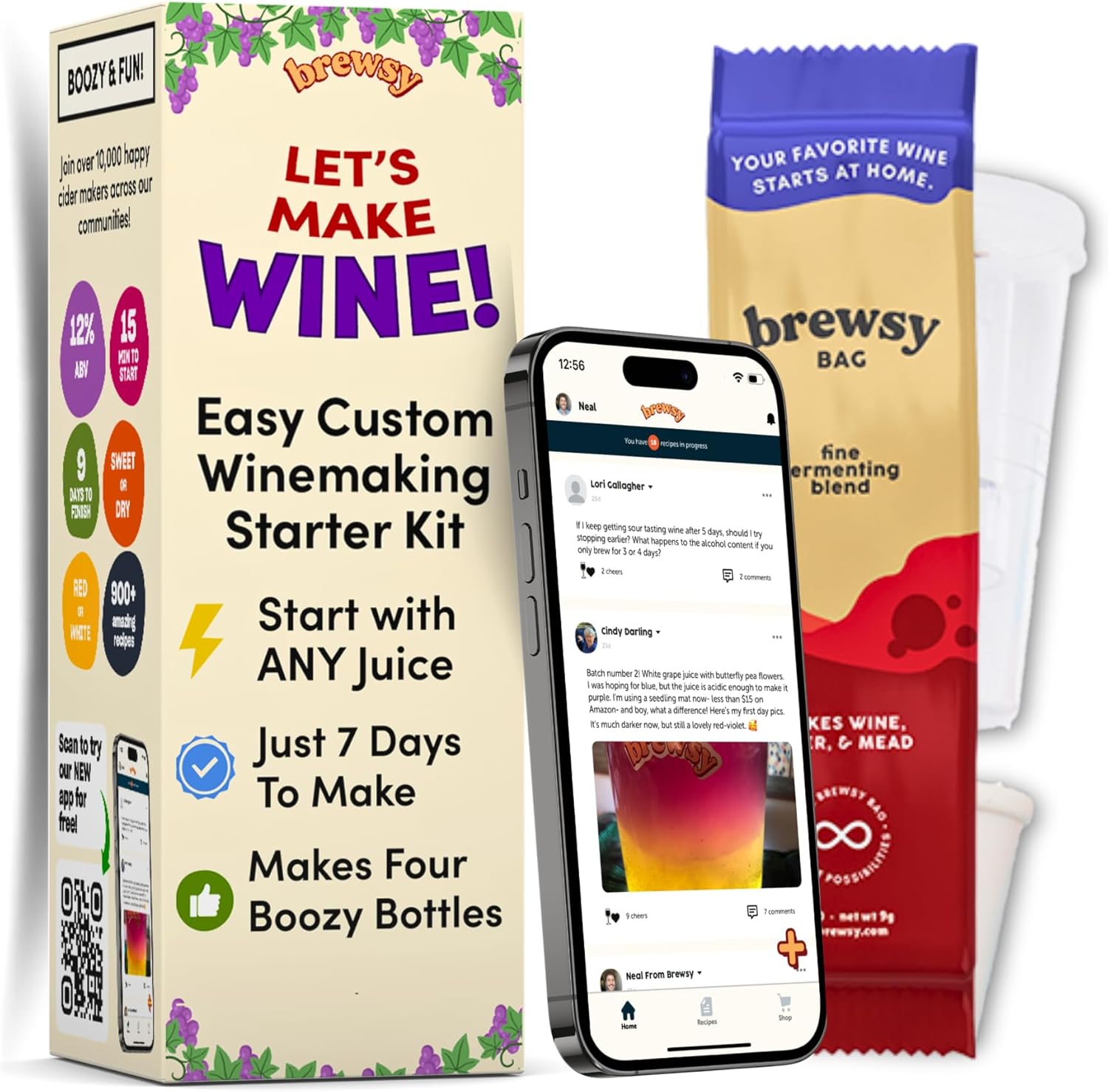 Brewsy Kit de inicio para la elaboración de vino – Kit de vino personalizado – 4 botellas en 9 días – Vino tinto o blanco – Usa cualquier jugo