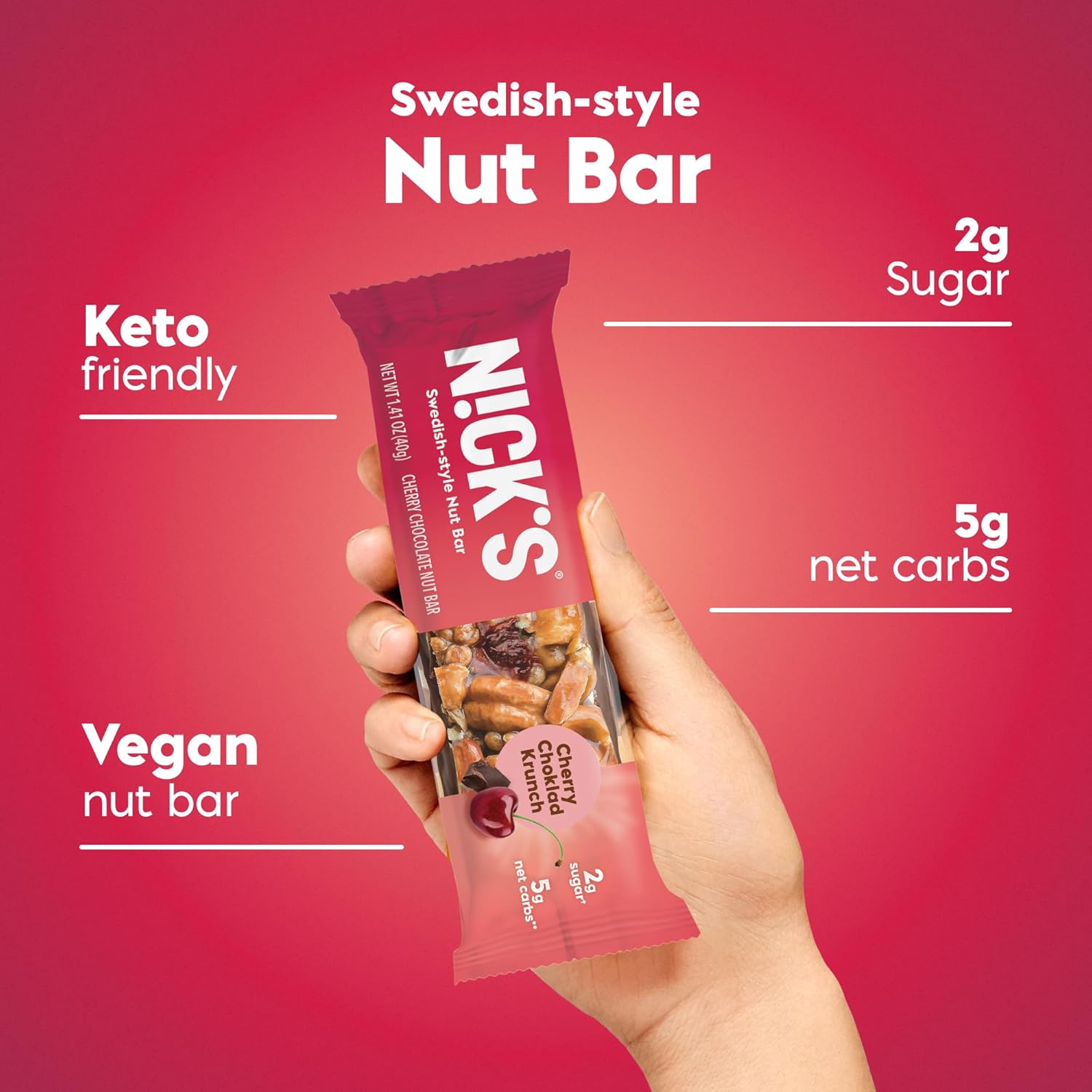 NICK’S – Barra de chocolate con cereza estilo sueco, snack keto de nueces para la escuela, deportes y actividades al aire libre, 0.07 onzas de
