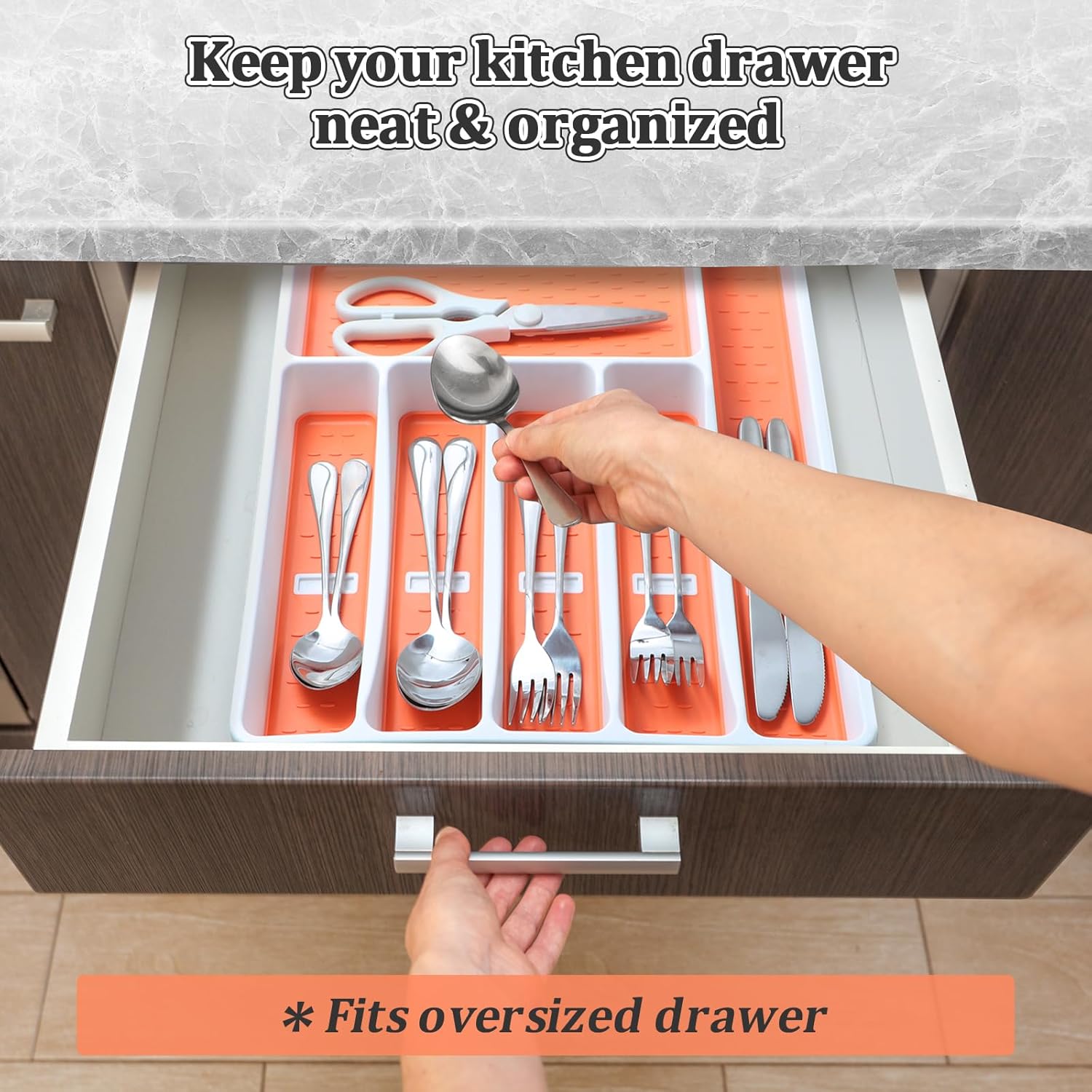 CherHome Organizador de cubiertos con iconos de cubiertos, bandeja de cubiertos para cajón de cocina, cubiertos de plástico, organizador de cajones