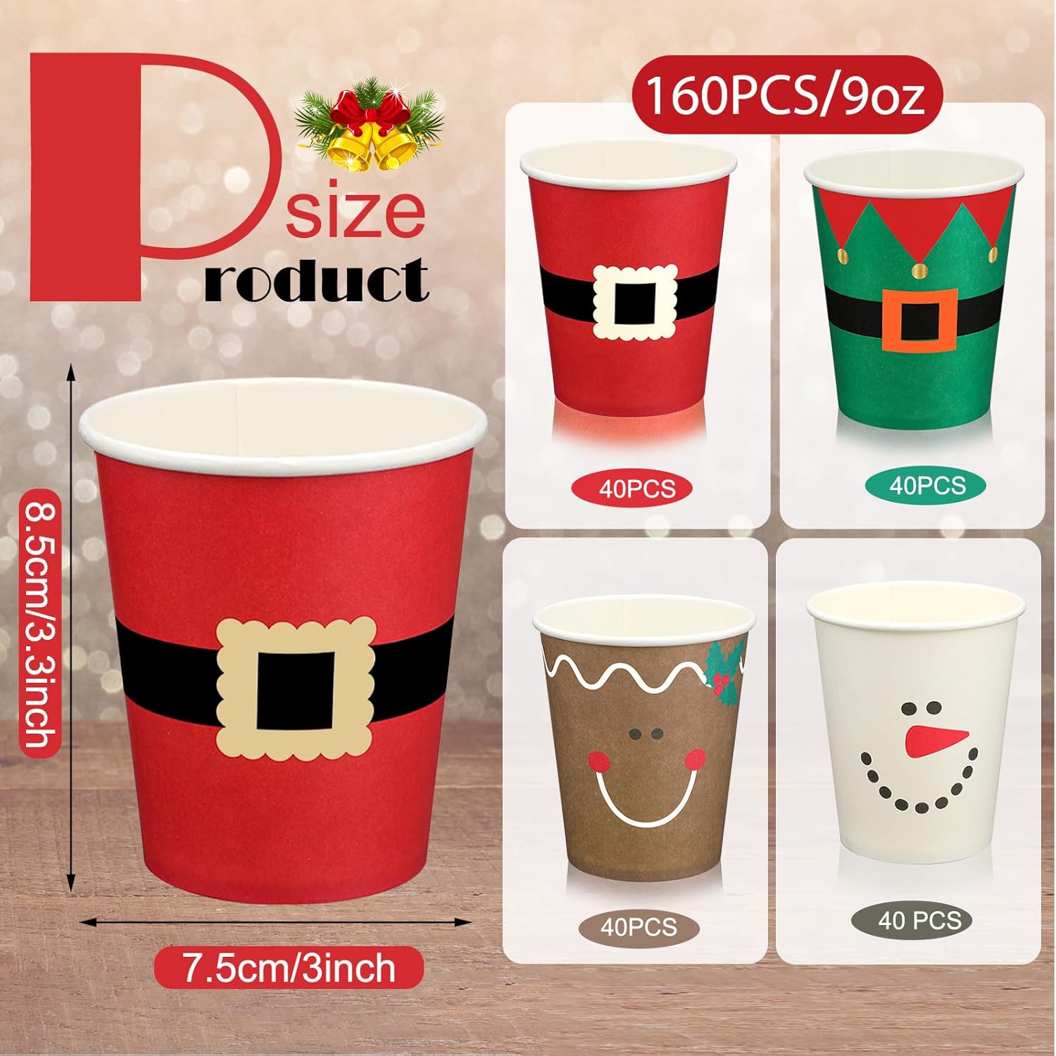 160 vasos de papel de Navidad desechables para fiestas de Navidad, 9 onzas, Papá Noel, elfo, muñeco de nieve, tazas de Navidad, tazas de papel para