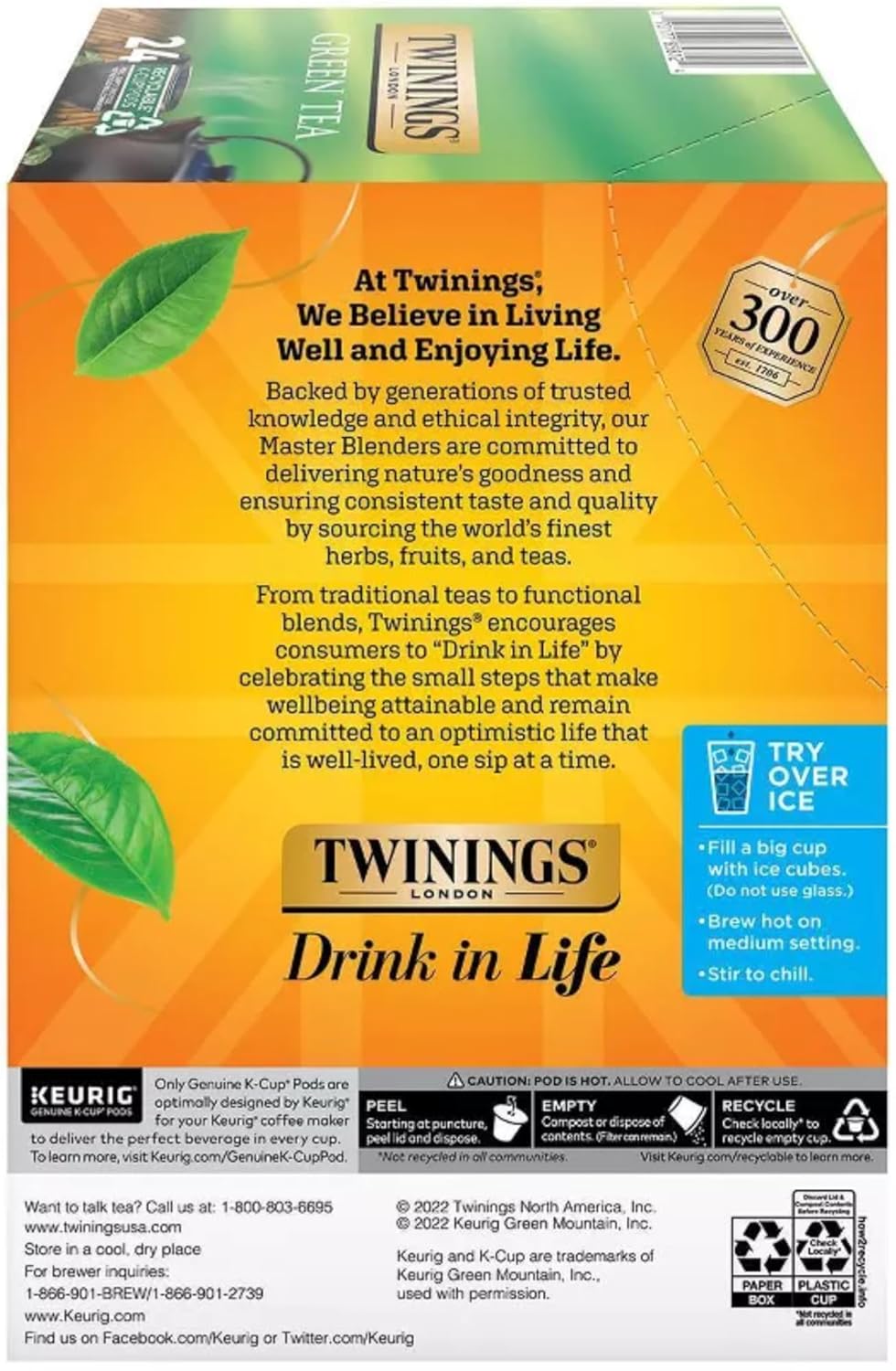 Twinings Tea Green Tea K-Cups, 24 unidades (paquete de 2) con palitos de miel By The Cup