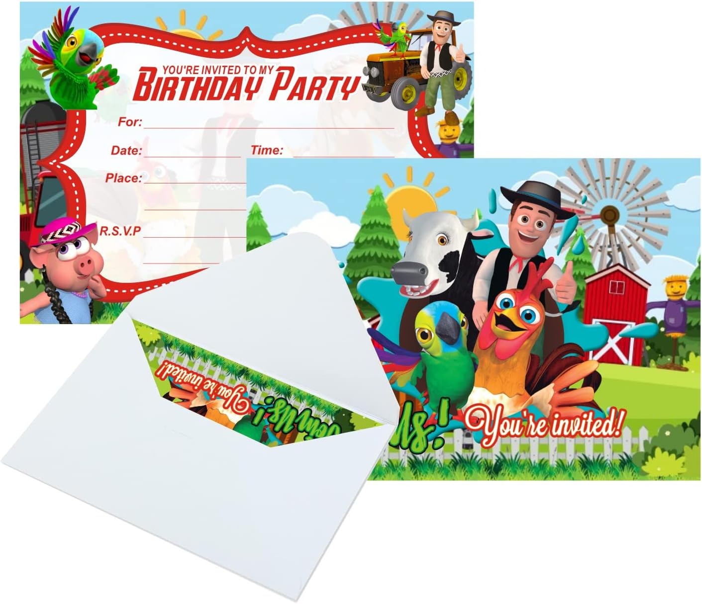 ZPLHBHX 16 tarjetas de invitación de cumpleaños de granja con sobres, suministros de fiesta de cumpleaños de granja para decoraciones de cumpleaños