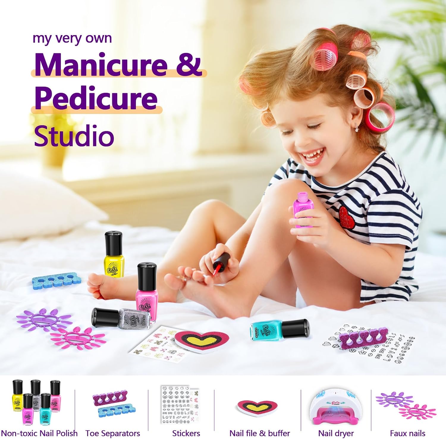 Kit de spa infantil para niñas, juego de esmalte de uñas para niñas de 7 a 12 años, cosas de spa de pies para manicuras y pedicura, kit de salón de