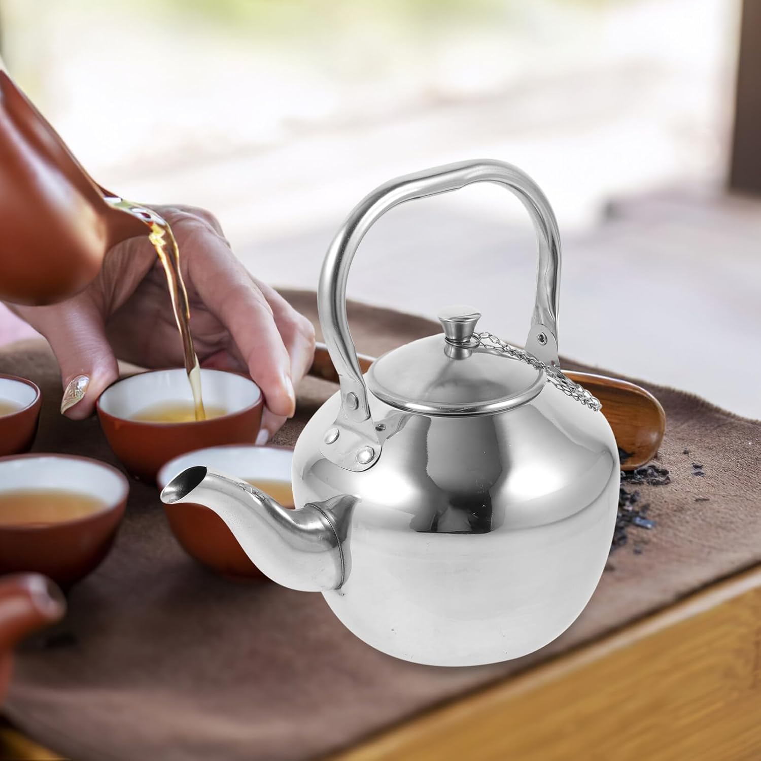 Kichvoe Tetera de viaje de acero inoxidable, tetera de metal, tetera de metal, tetera de agua con asa, tetera para cocina, tetera de acero