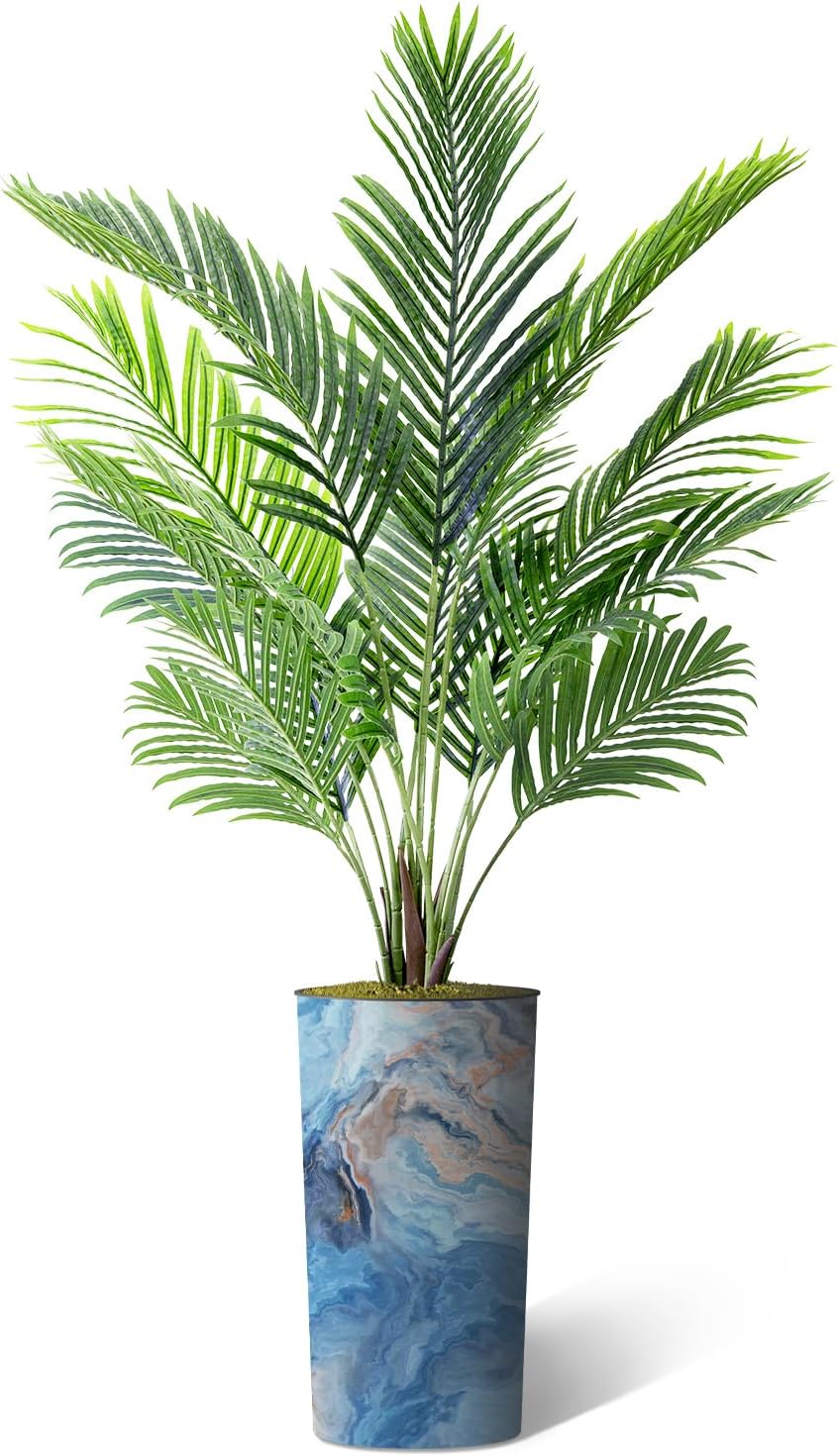 Árbol artificial en macetero con efecto de granito moderno, palmera tropical areca artificial de seda para decoración del hogar en interiores y