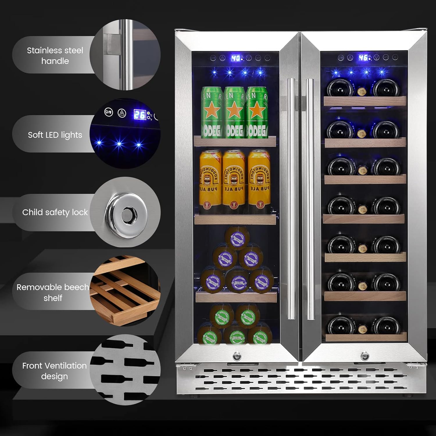 Refrigerador de vino y bebidas de 24 pulgadas, enfriador de vino de doble zona con capacidad para 40 botellas, 120 litros integrado e independiente,