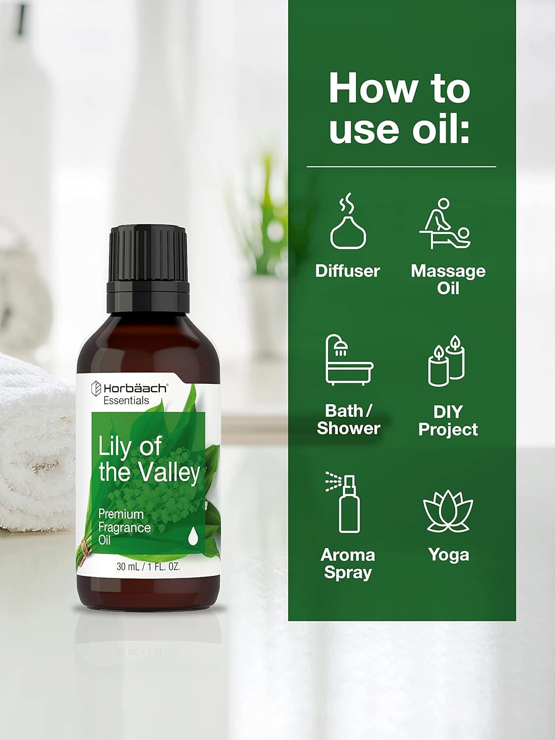 Horbäach Aceite de fragancia Lily of The Valley  1 onza líquida (1.0 fl oz)  Grado premium  para difusores, fabricación de velas y jabón, proyectos
