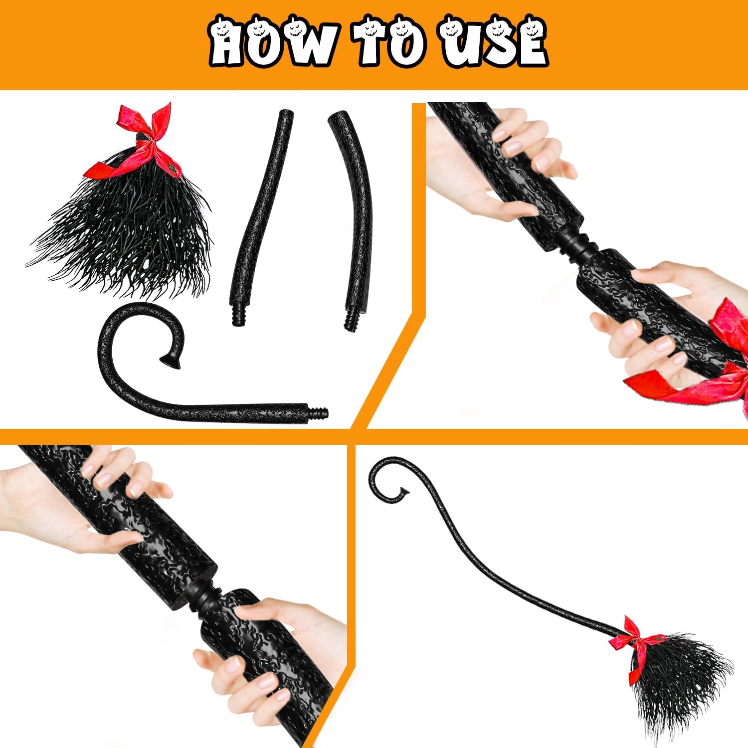 Escoba de bruja de Halloween con cintas para niños, mago volador malvado, escoba para adultos para fiesta de cosplay, decoraciones de bruja