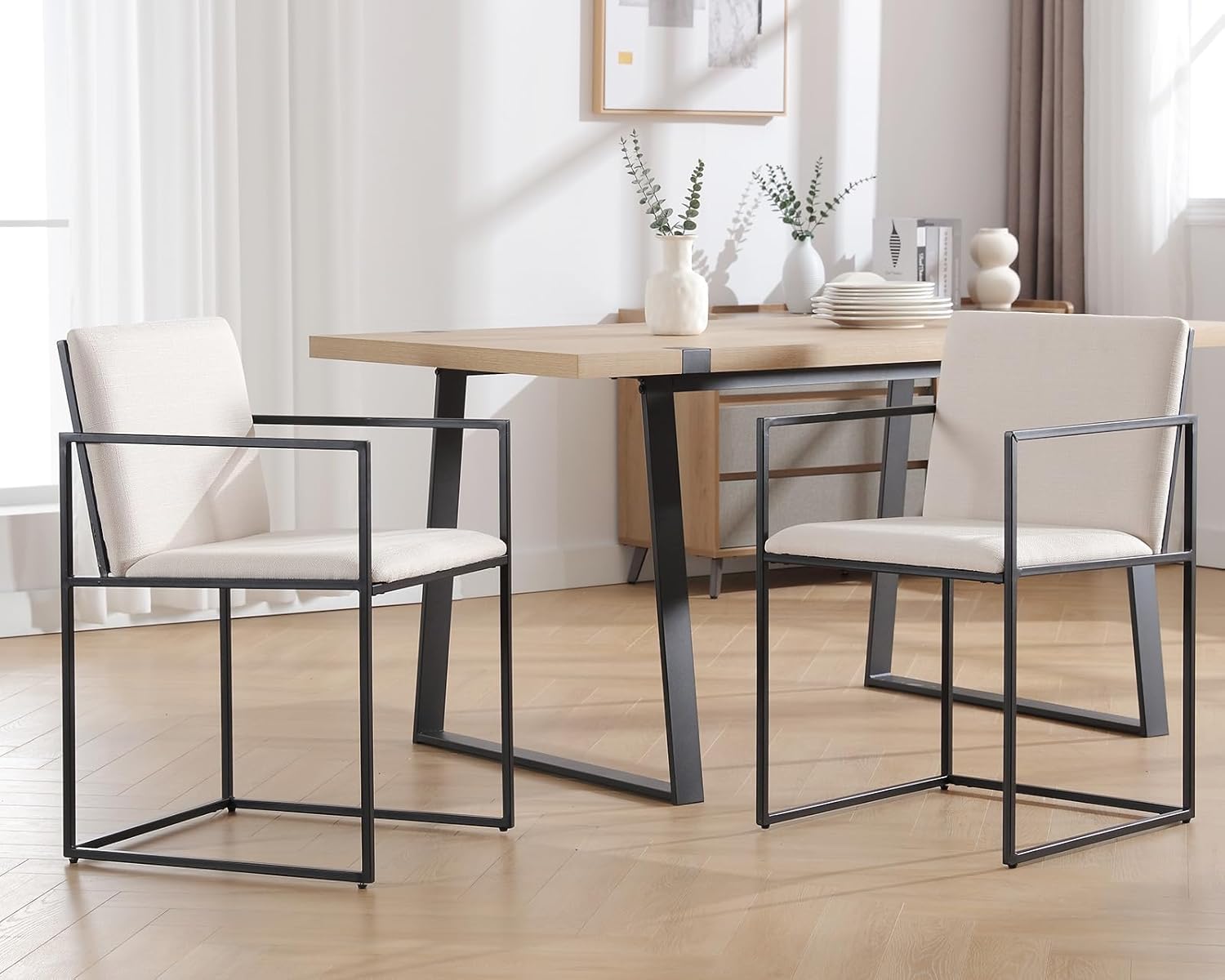 Juego de 4 sillas de cocina y comedor modernas de mediados de siglo, sillas de comedor tapizadas de lino con brazos y respaldo, sillas de cocina,