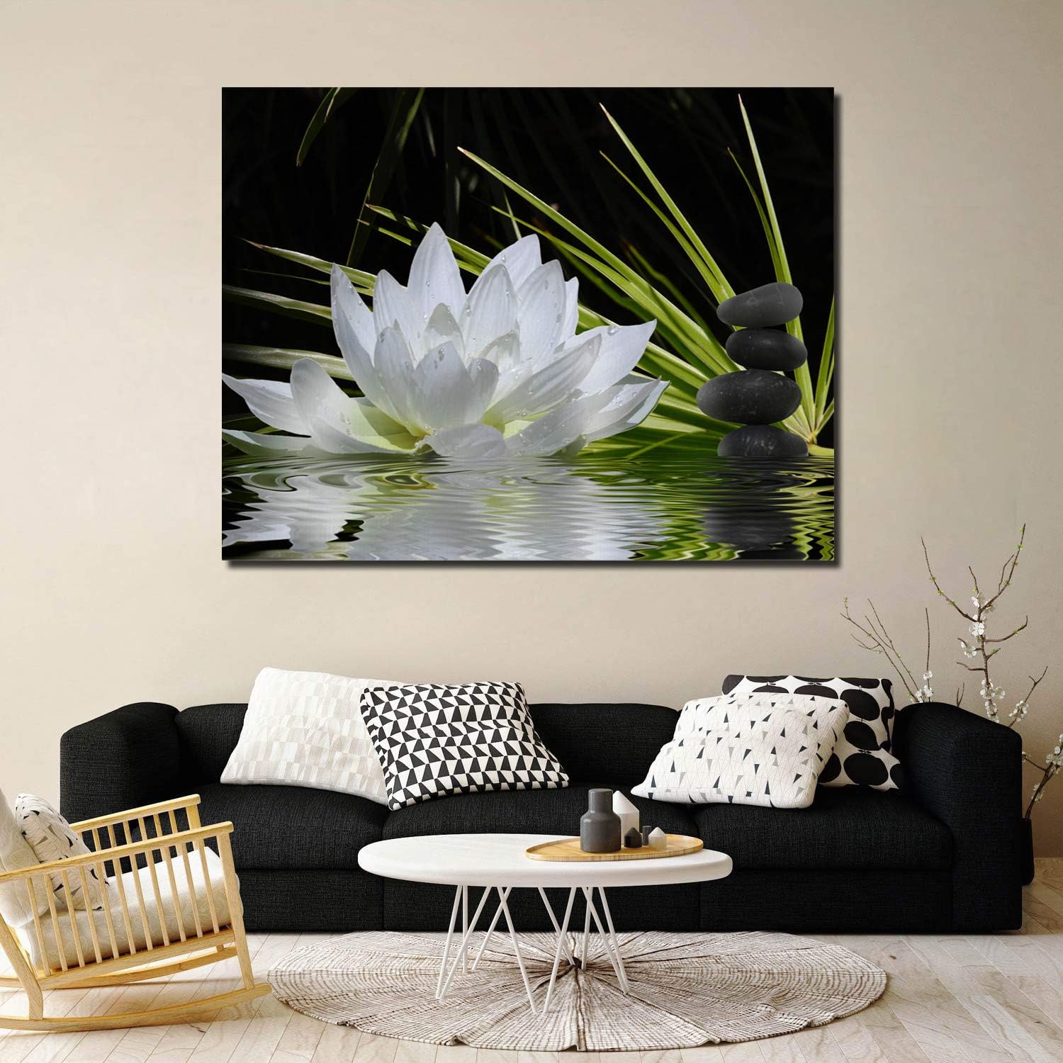Lienzo decorativo para pared, imagen de loto blanco y piedras zen negras, decoración moderna de pared, envoltura de lienzo de galería, impresión