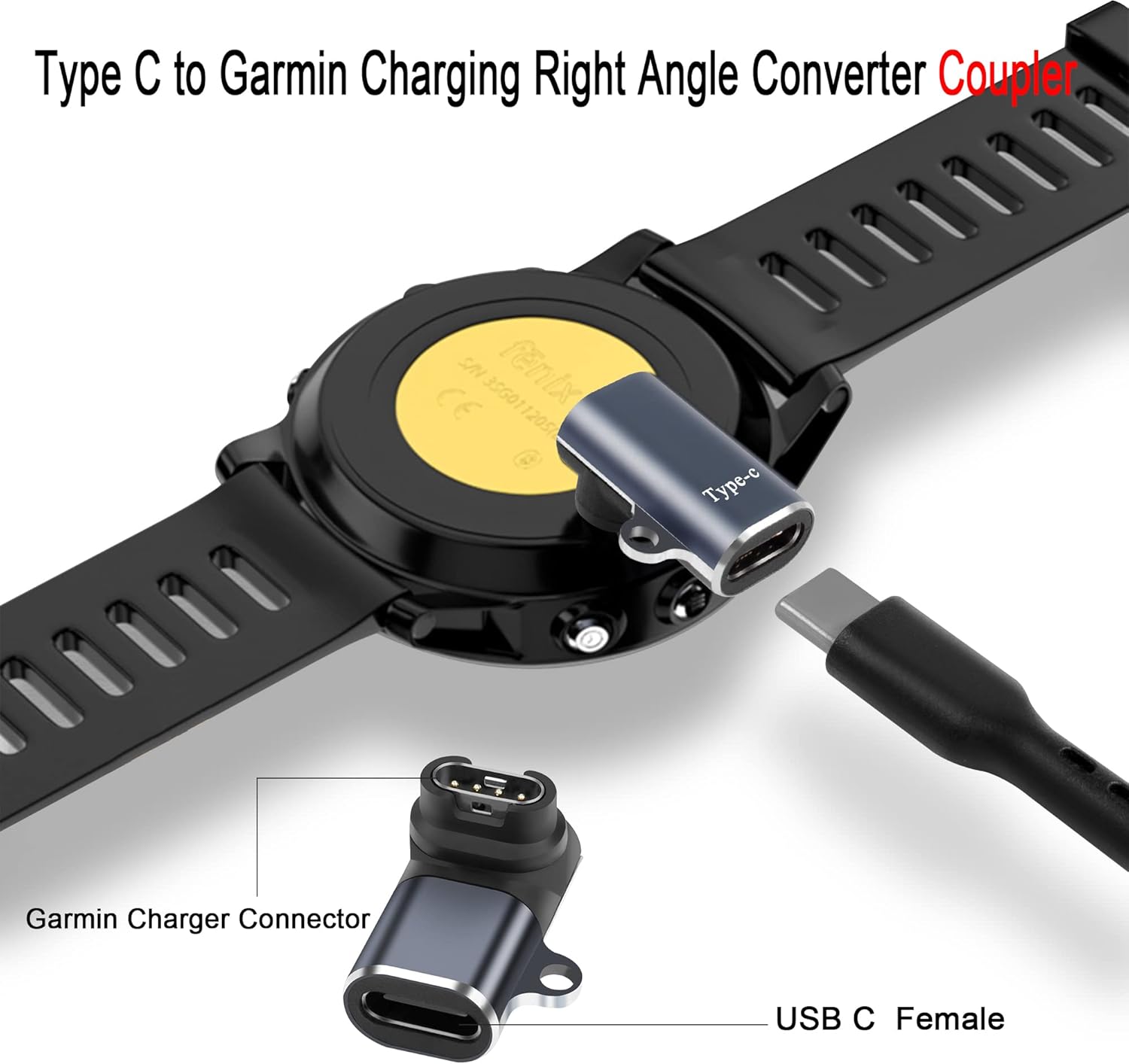 QIANRENON Conector adaptador de ángulo de 90 para reloj Garmin USB C, tipo C a Garmin, acoplador convertidor de ángulo recto de carga, para reloj