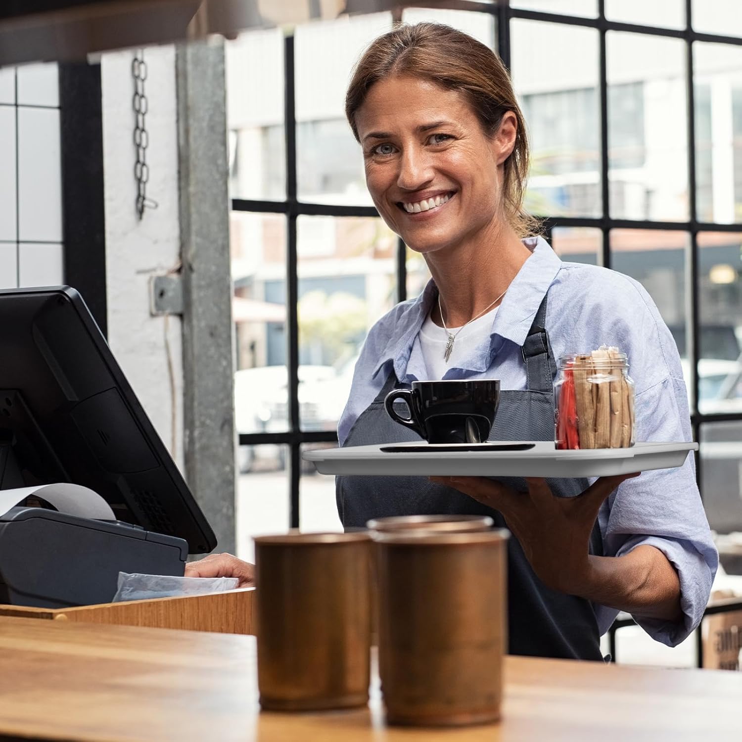 Mifoci 24 bandejas de plástico para comida rápida, color gris, 14 x 11 pulgadas, rectangular, antideslizante, fácil de limpiar, ideal para