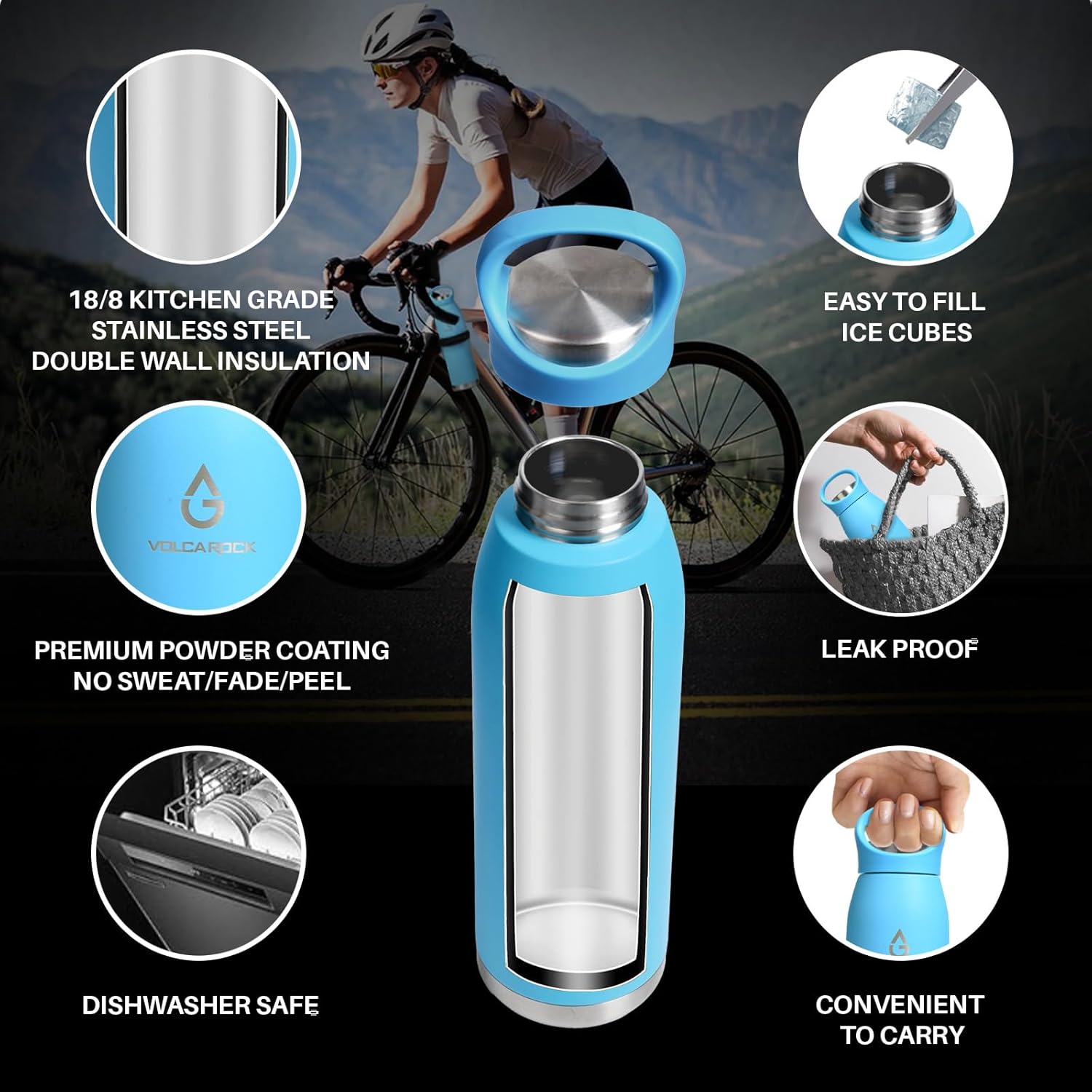 VOLCAROCK Botella de agua deportiva aislada con tapa de transporte, 24 onzas, apta para lavavajillas y sin BPA, botella de agua de acero inoxidable