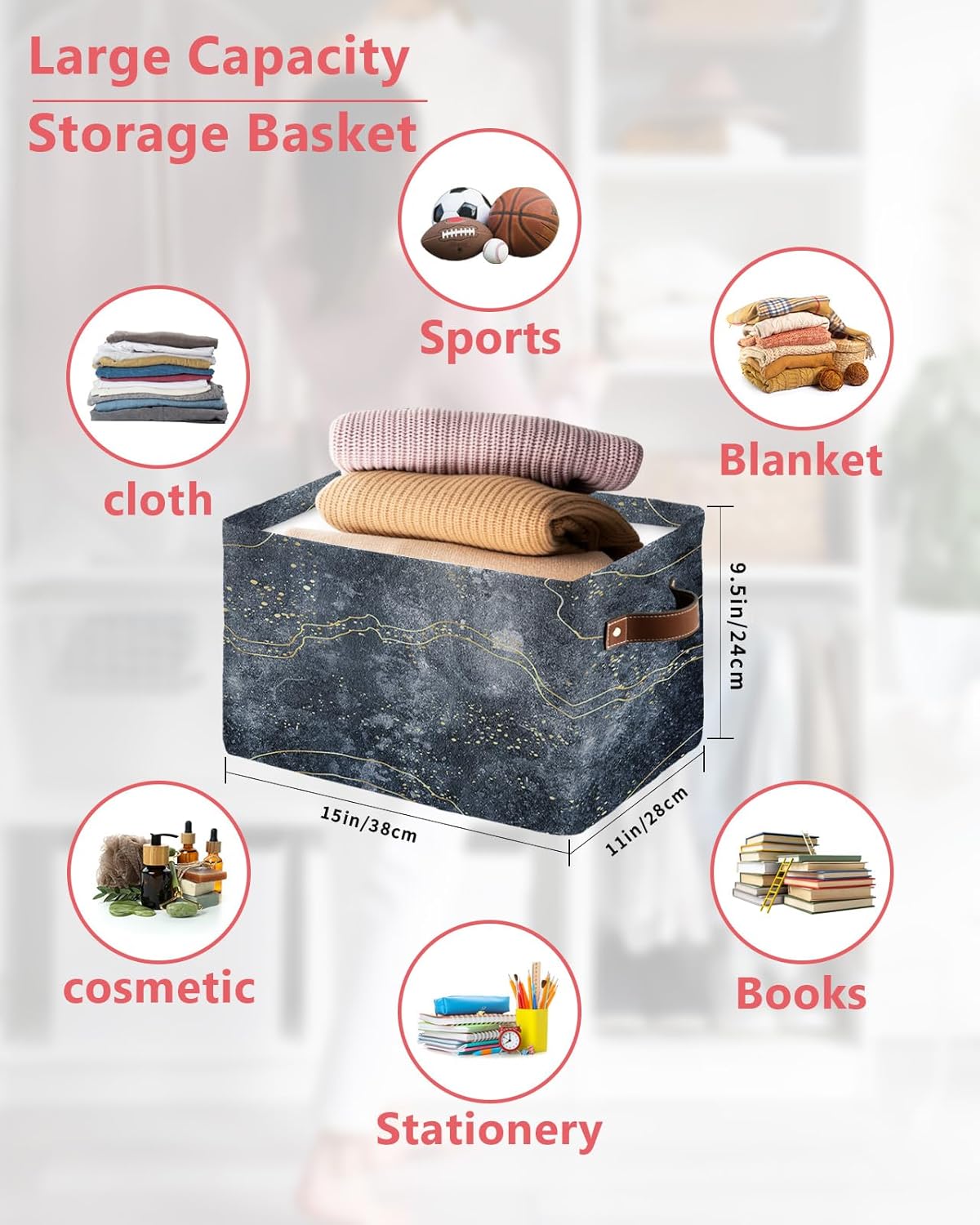 Cesta de almacenamiento gris degradado para organizar estantes, cajas de almacenamiento plegables con asa, líneas amarillas modernas, arte