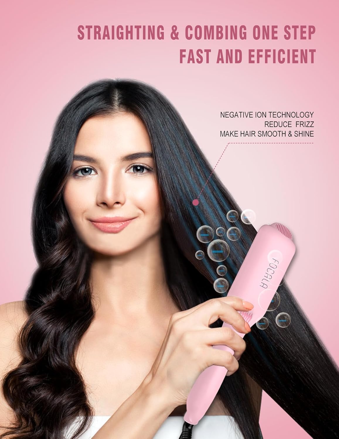 Cepillo alisador de cabello con calefacción FOCALA – Cepillo alisador de pelo iónico negativo de cerámica para alisar el cabello de las mujeres,