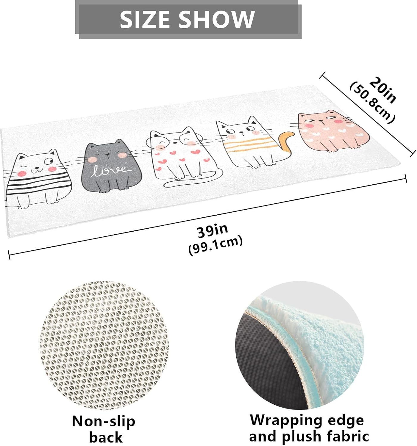 Cute Cats – Tapete de baño de felpa absorbente antideslizante, con parte trasera de goma, lavable, 39 x 20 pulgadas