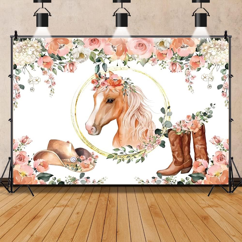 Fondo de cumpleaños para fiesta de caballo de vaquera de 7 x 5 pies, suministros de decoración de fiesta de baby shower, anillo dorado, hoja de