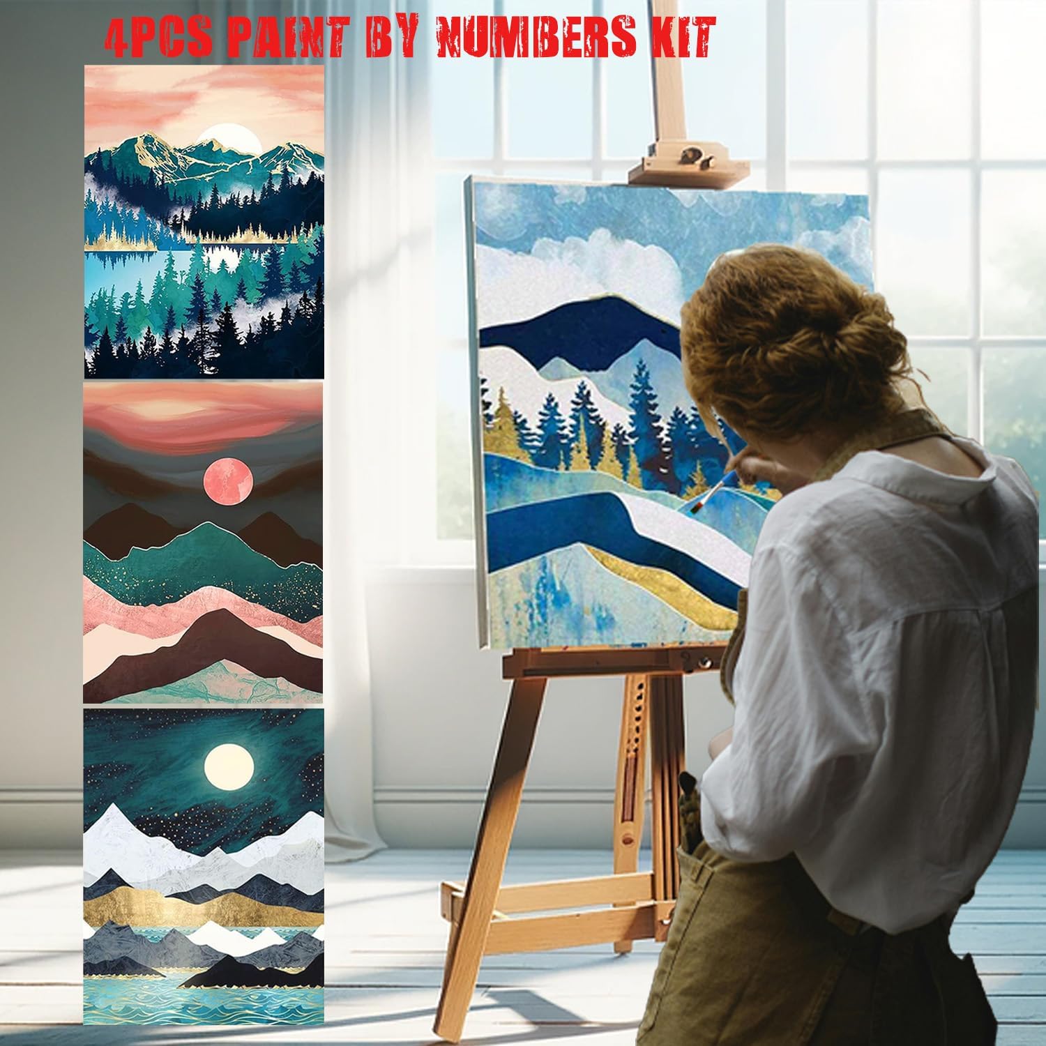 Paquete de 4 kits de pintura por números para adultos y niños, kits de pintura por números en lienzo, sin marco, pintura al óleo de color, pinturas