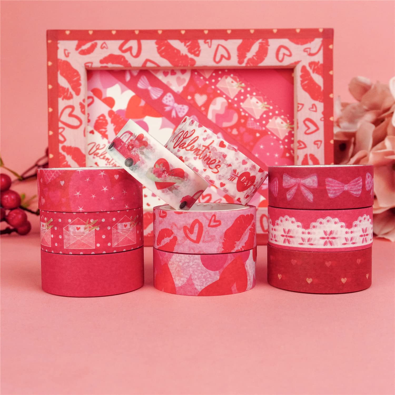 Zo.Yehaa 10 rollos de cinta adhesiva Washi para el día de San Valentín, boda, aniversario, rojo, cinta adhesiva decorativa para diario de viñetas,