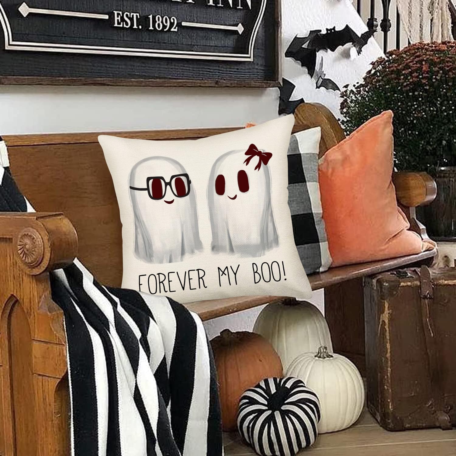 Easternproject Forever My Boo – Fundas de almohada de 18 x 18 pulgadas, diseño de fantasma, Halloween, granja, color blanco, fundas de almohada
