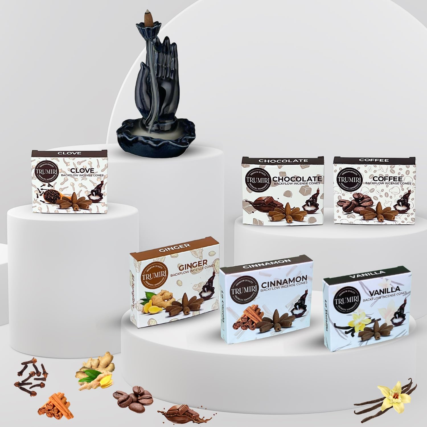 Trumiri Conos de incienso gourmet de reflujo  Paquete variado  Total 60 conos de incienso cascada (6 aromas x 10 conos)  Vainilla, canela, café,