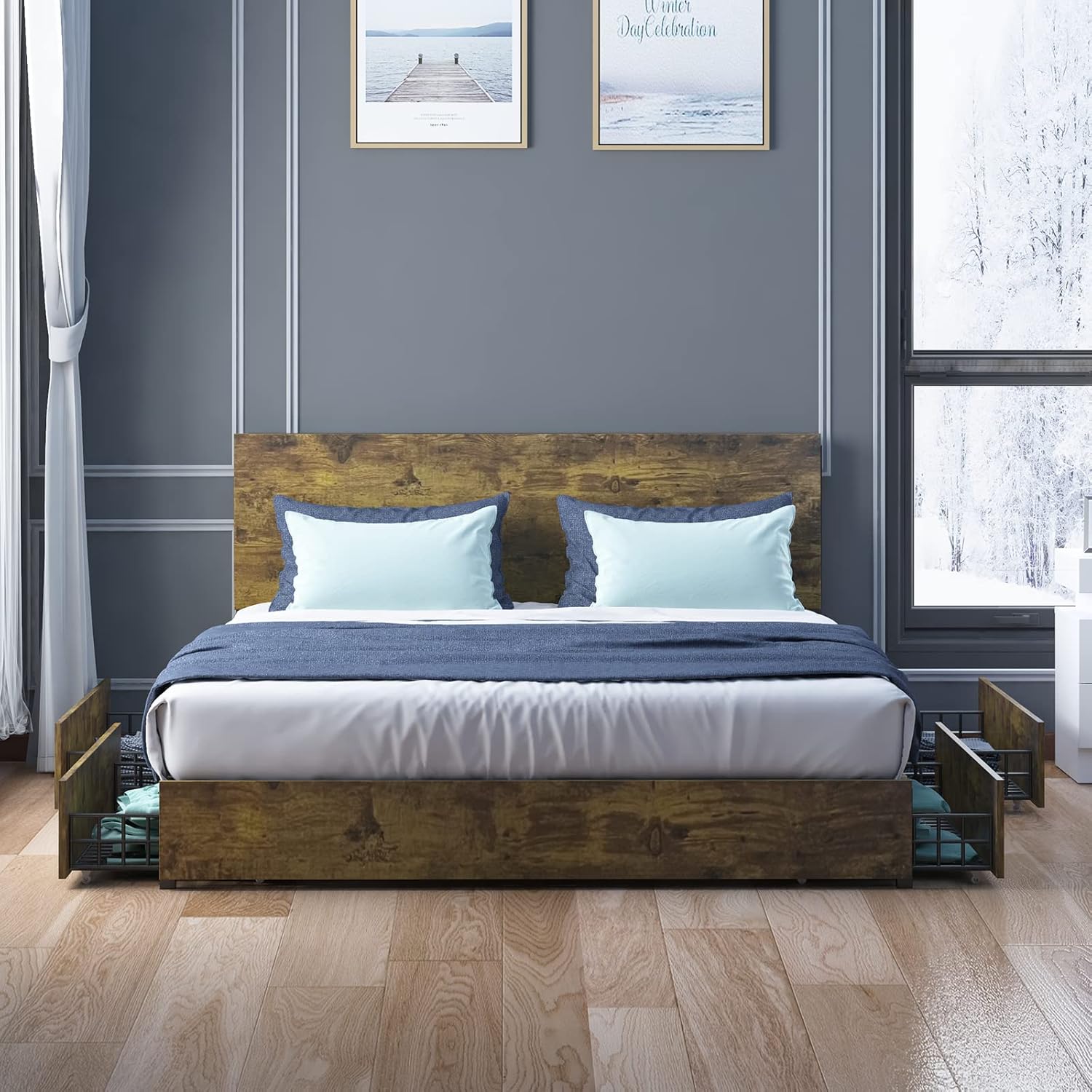 ZAFLY Base de cama de plataforma de tamaño matrimonial, marco de cama de madera industrial con cajones de almacenamiento y cabecera de madera,