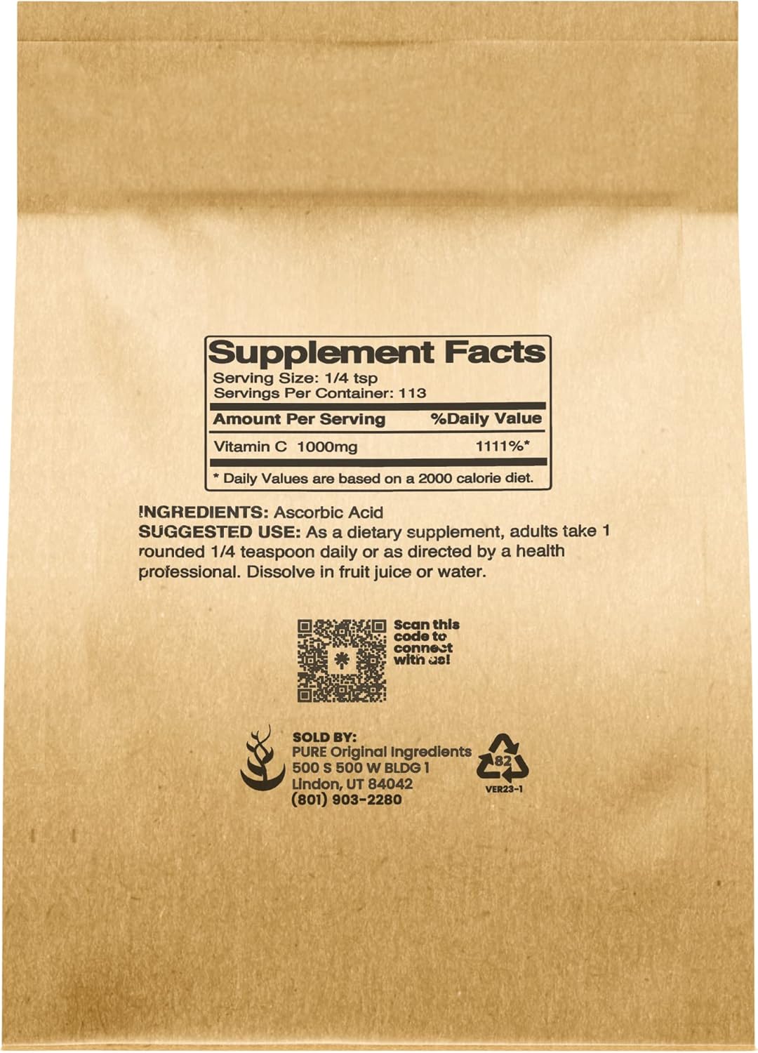 Polvo puro de vitamina C (4 oz) Embalaje ecológico, ácido ascórbico, cuidado de la piel de bricolaje, antioxidante*